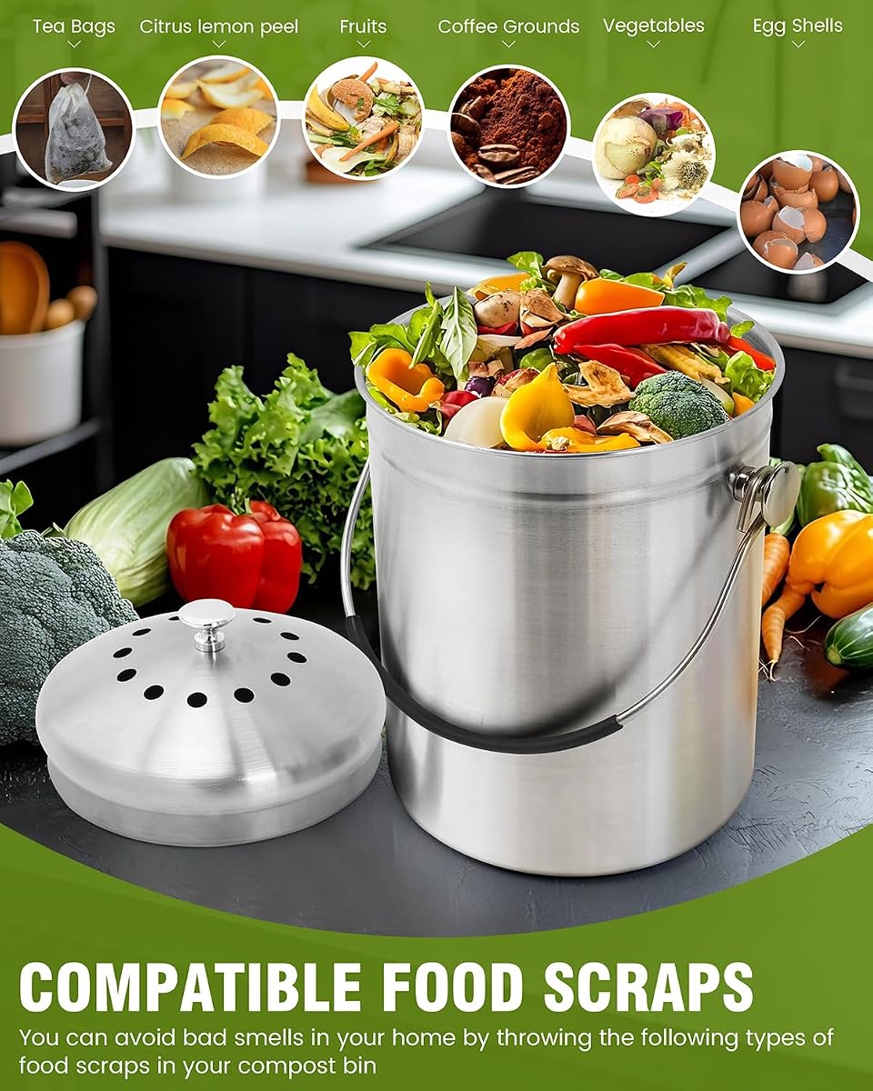 Eco-Bamboo Compost Bin Countertop 1.3 Gallon with Charcoal Filter view 3