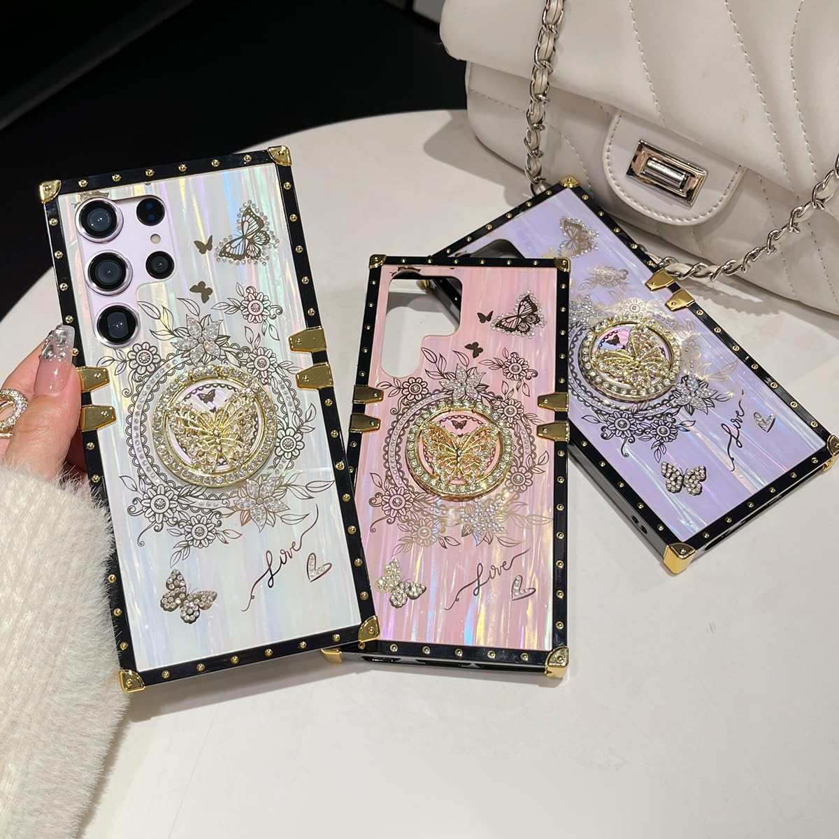 AuroiCYY for Samsung Galaxy S25 Ultra Case with Kickstand, Foldable Butterfly Woman Girly Bling Diamond Mirror Back Golden Plated Shockproof Corners Protection Elegant Cute Cover (Aurora Pink) - Image 3