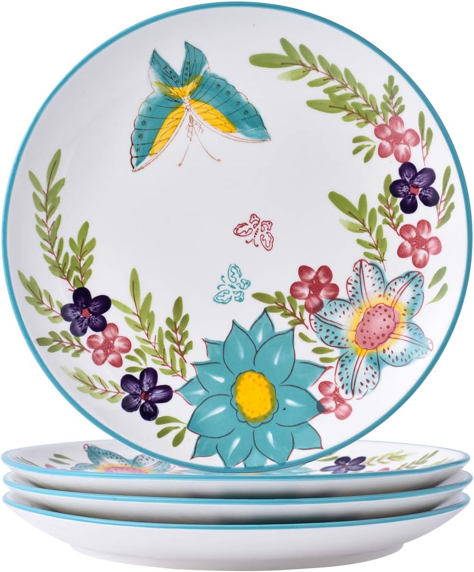 4-Piece Ceramic Dinner Plates Set, DL Stylish 10.5 inch Blue Butterfly Dishes Plates set, Hand Painted Floral