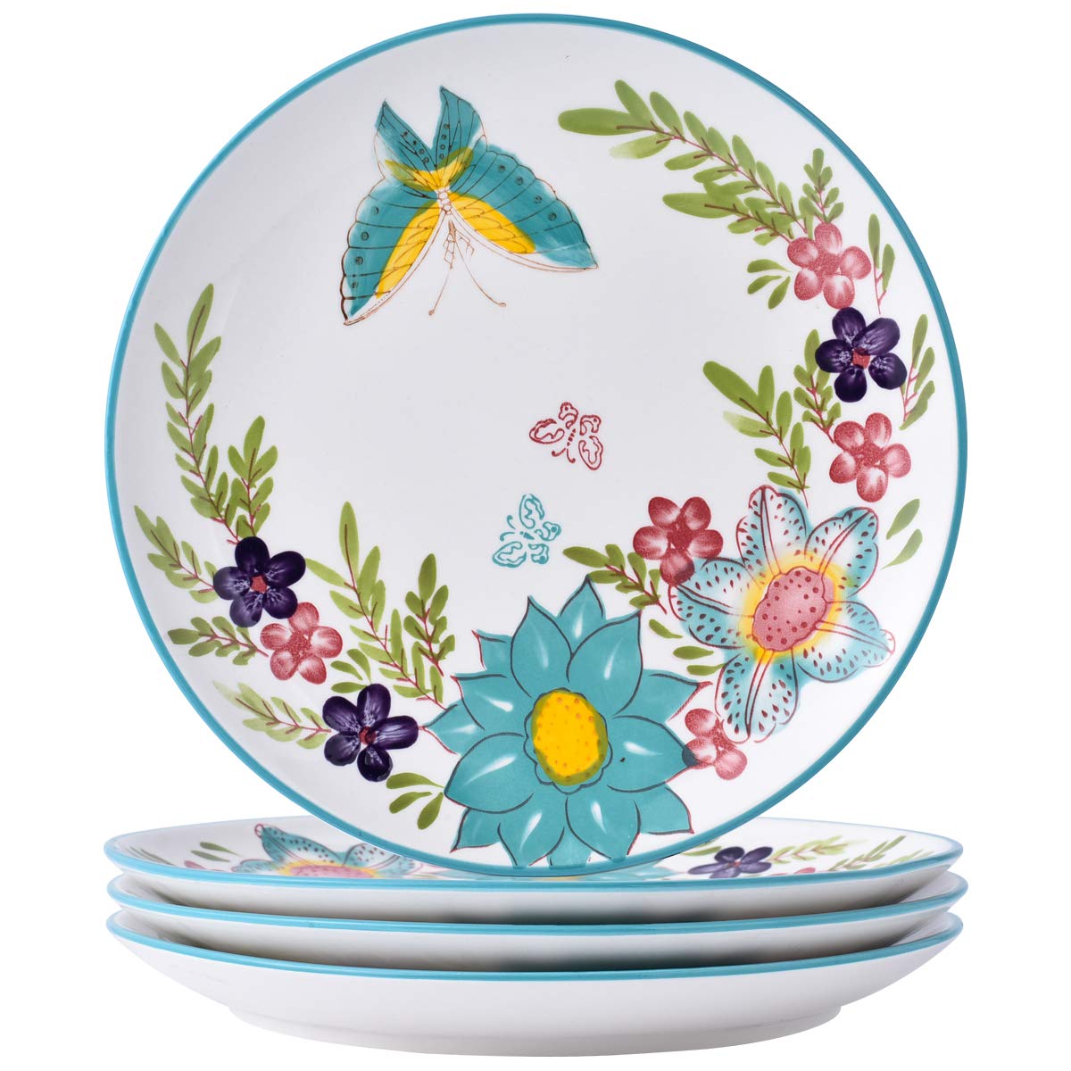 4-Piece Ceramic Dinner Plates Set, DL Stylish 10.5 inch Blue Butterfly Dishes Plates set, Hand Painted Floral