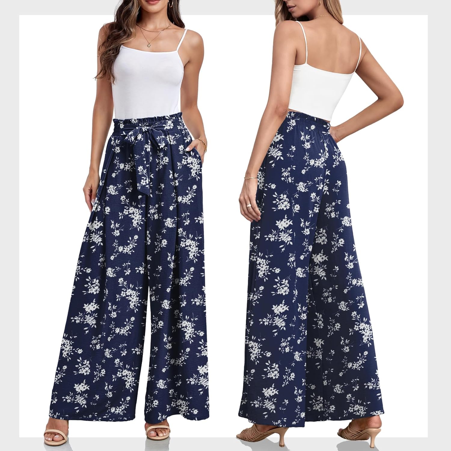 Lepunuo Wide Leg Pants for Women High Waisted Palazzo Pants Work Casual Flowy Tie Knot Trousers with Pockets - Image 5