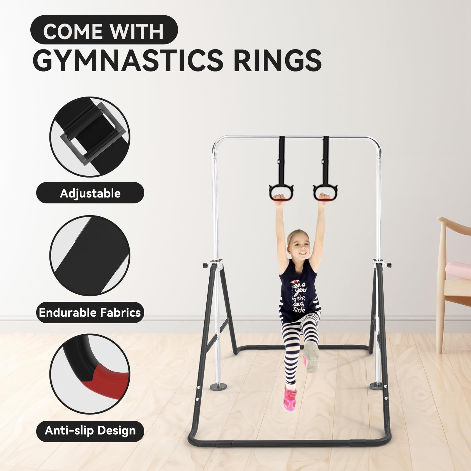 Barra da Ginnastica per Bambini, Regolabile in Altezza e Pieghevole – con Anelli, Barra Orizzontale da Interno per Casa, Attrezzo Ginnastica Ragazzi e Ragazze