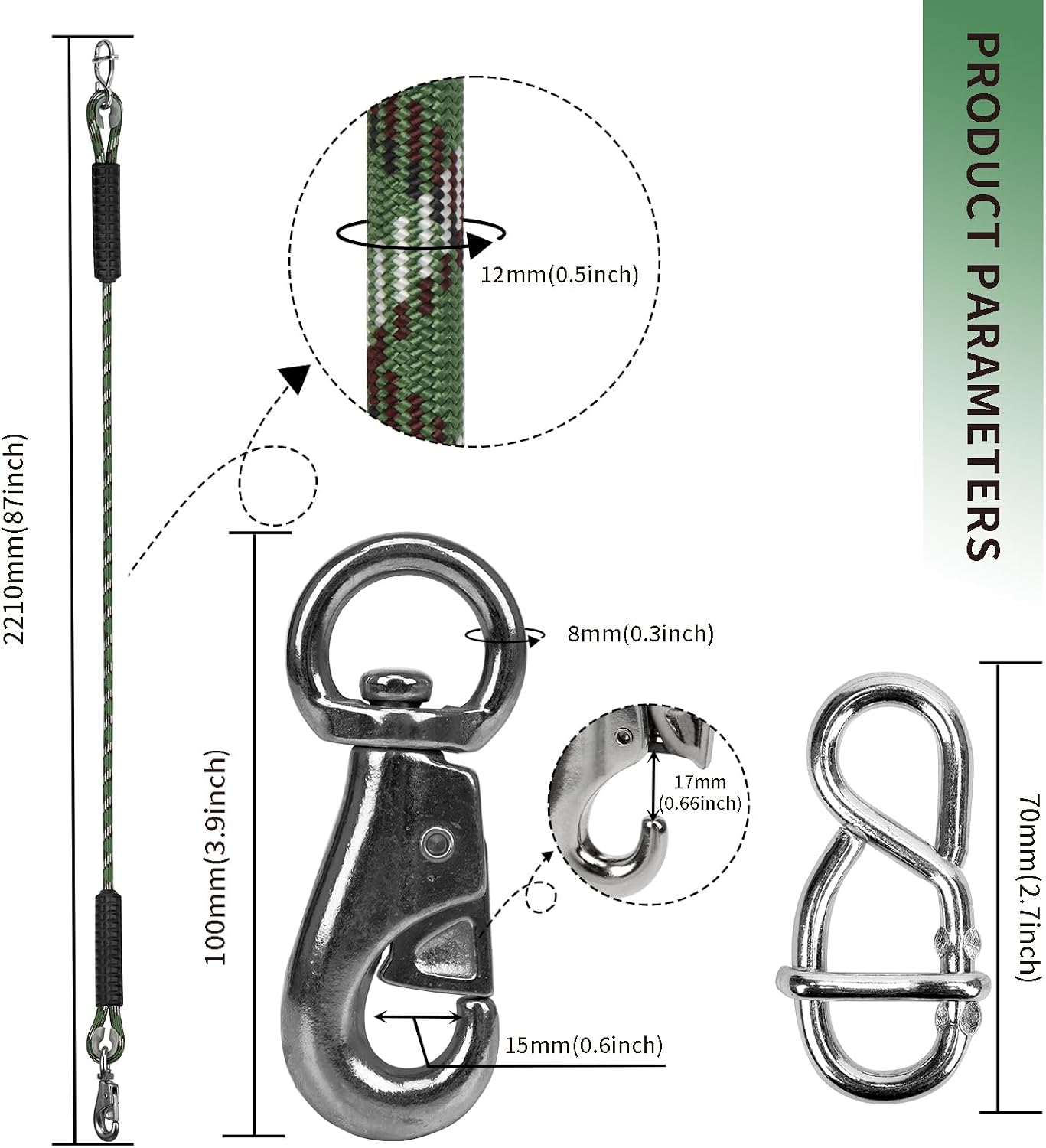 Adjustable Tree Swing Ropes Heavy Duty Hammock 7.25Ft(87"),360°Rotation Tree Swings Hanging Straps for Outdoor Swings Hammock Playground Set Accessories,2Pack of Green
