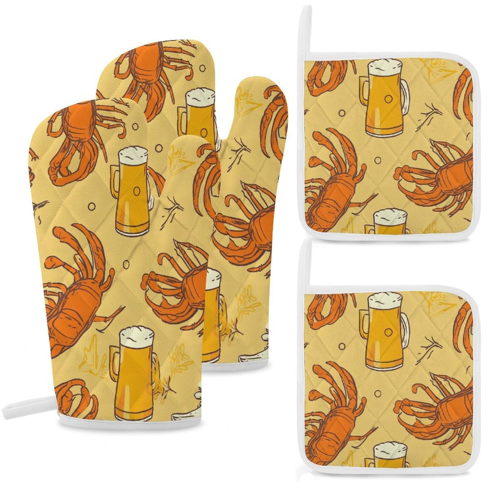 Lot de 4 gants de four et maniques motif bière écrevisse pour cuisine