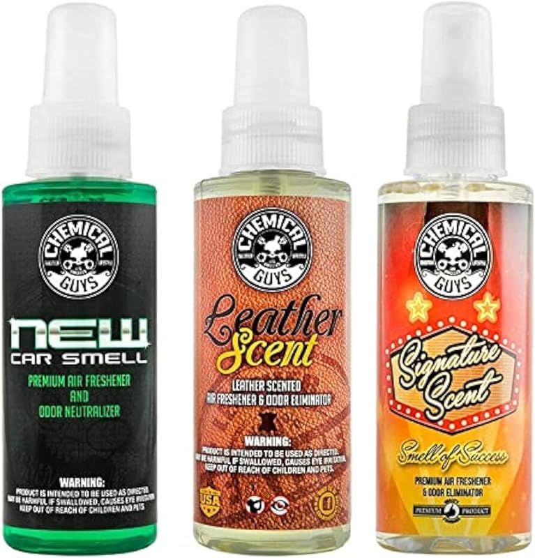 Chemical Guys AIR_301_04 New Car/Leather/Signature Scent Sample Kit, Great for Cars, Trucks, SUVs, RVs, Home, Office & More (4 fl oz - 3 Items) | Three 4 oz air freshener scents refresh interiors and neutralize odors, a sampler for finding your favorite