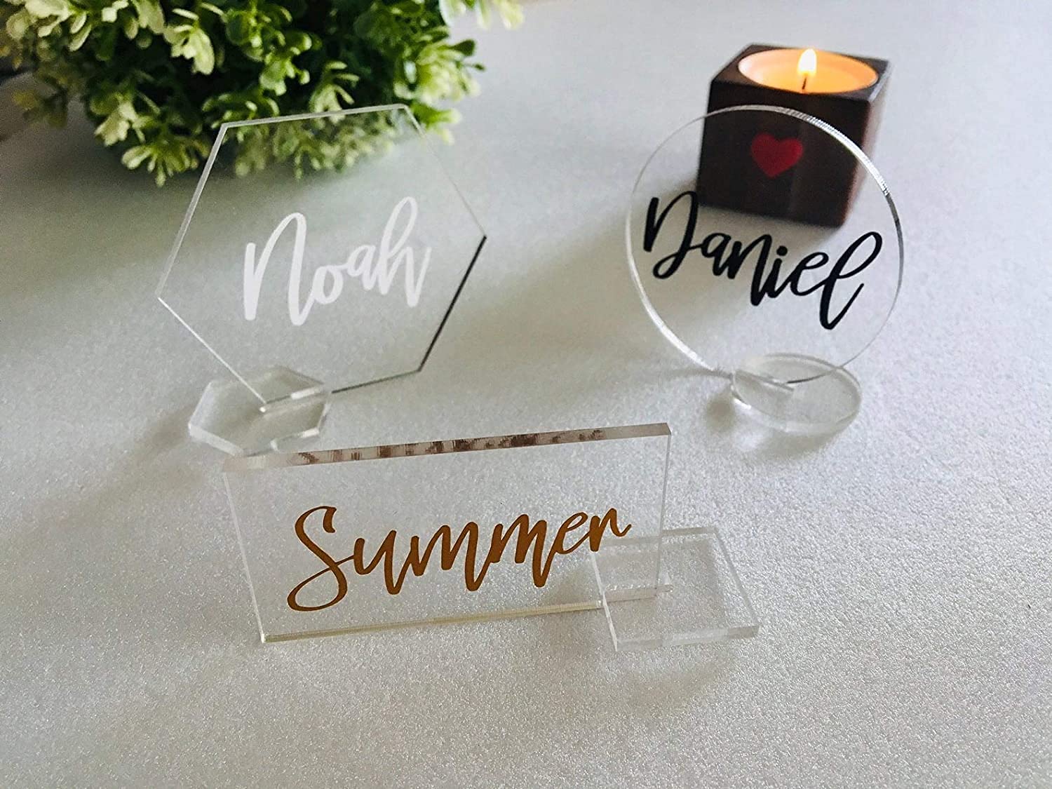 Marcasitio de metacrilato transparente con nombre en vinilo, Rectangular Hexagonal Redondo, Invitación de boda personalizada, Tarjetas de mesa, Boda Fiesta Evento Cumpleaños, Tarjetas con Inscripción