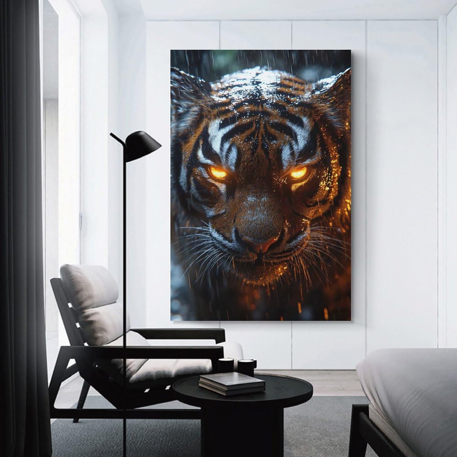 Junmoney Glowing-Eyed Tiger in The Rain Wall Art Print, 20x30inch(50x75cm), for Entrance Spaces, Stair Walls Or Halls, Home Artwork for First Impressions