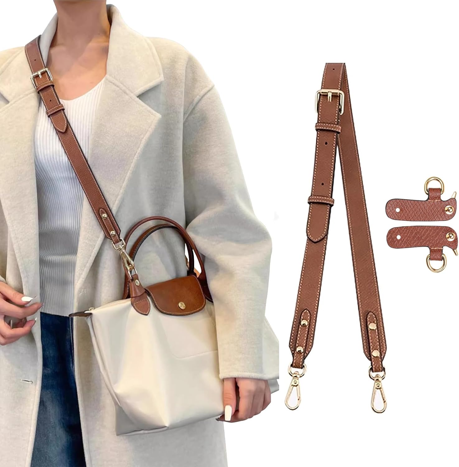 [jiesinlov] Cowhide Leatherバッグストラップ交換調整可能なクロスボディショルダーストラップLongchamp le pliage small