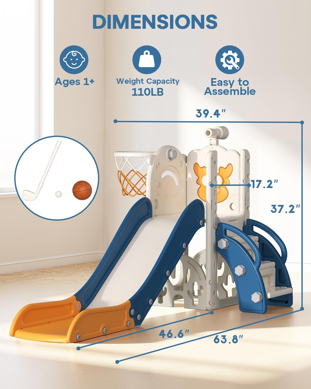 BIERUM Toddler Slide for Kids,6-in-1 Indoor Outdoor Toddler Slides Playground with Basketball Hoop, Golf Game & Telescope, L-Shaped Baby Slide Climber Playset, Blue&Yellow
