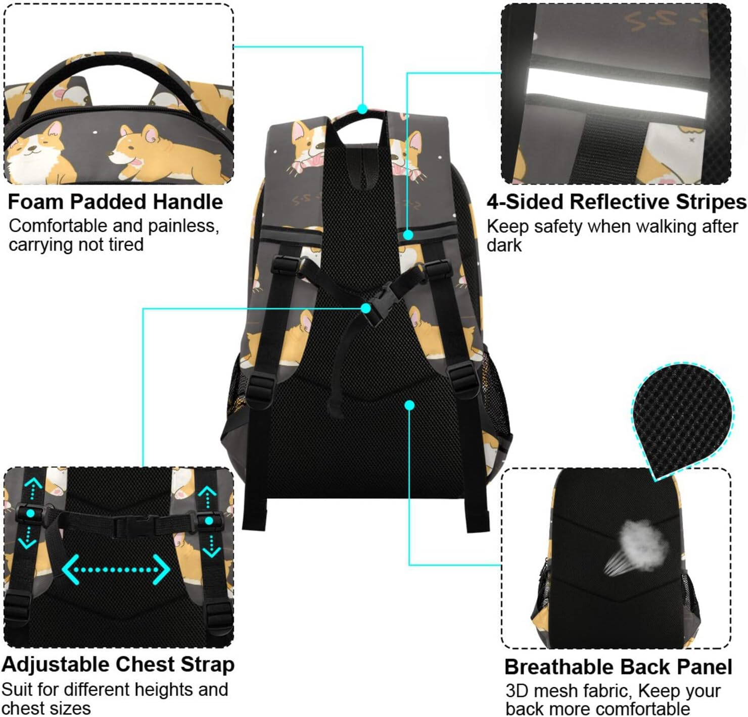 Sinestour Corgi Cute Dogs School Backpack for Boys Girls Portable Wide shoulder strap Backpack Lightweight Travel Bag College Casual Daypack with Reflective Strip