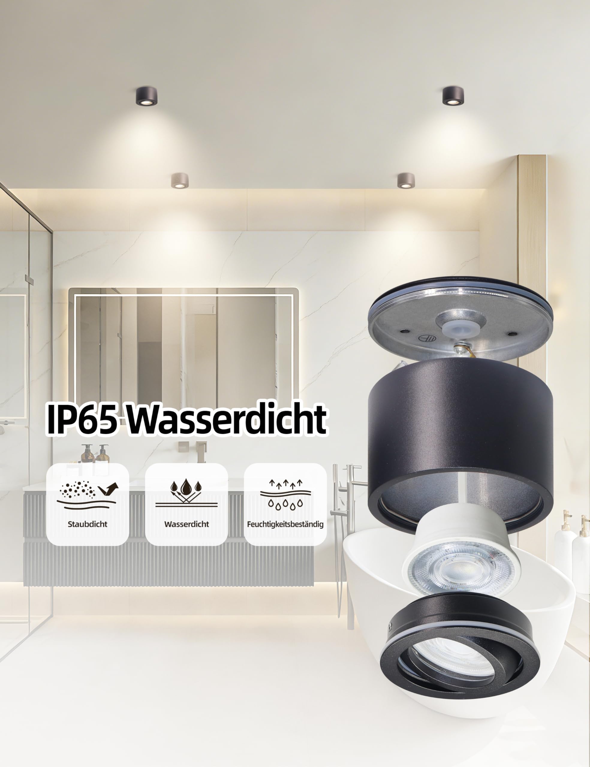 4er Set Aufbauspot Schwarz, LED Aufbaustrahler Deckenstrahler, IP65 für Badezimmer, 5W 520lm Warmweiß 3000K / Neutralweiß 4000K / Kaltweiß 6000K, aus Aluminium, Ø80x50mm, LED Modul 230V, CRI90+