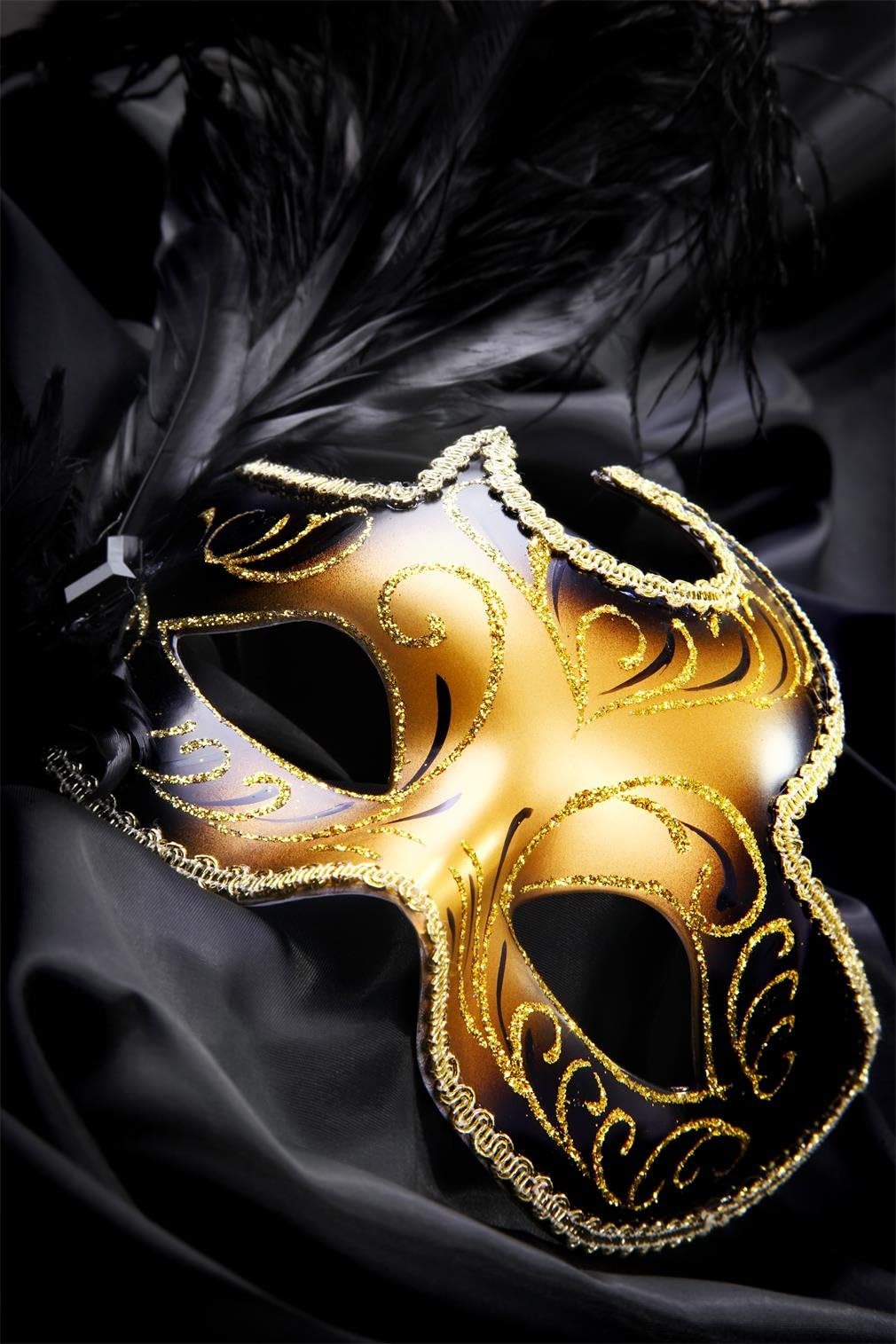 Mardi Gras Gold Mask Masquerade Carnival Black Feathers Custom Photo Studio Backdrop Background MJ01