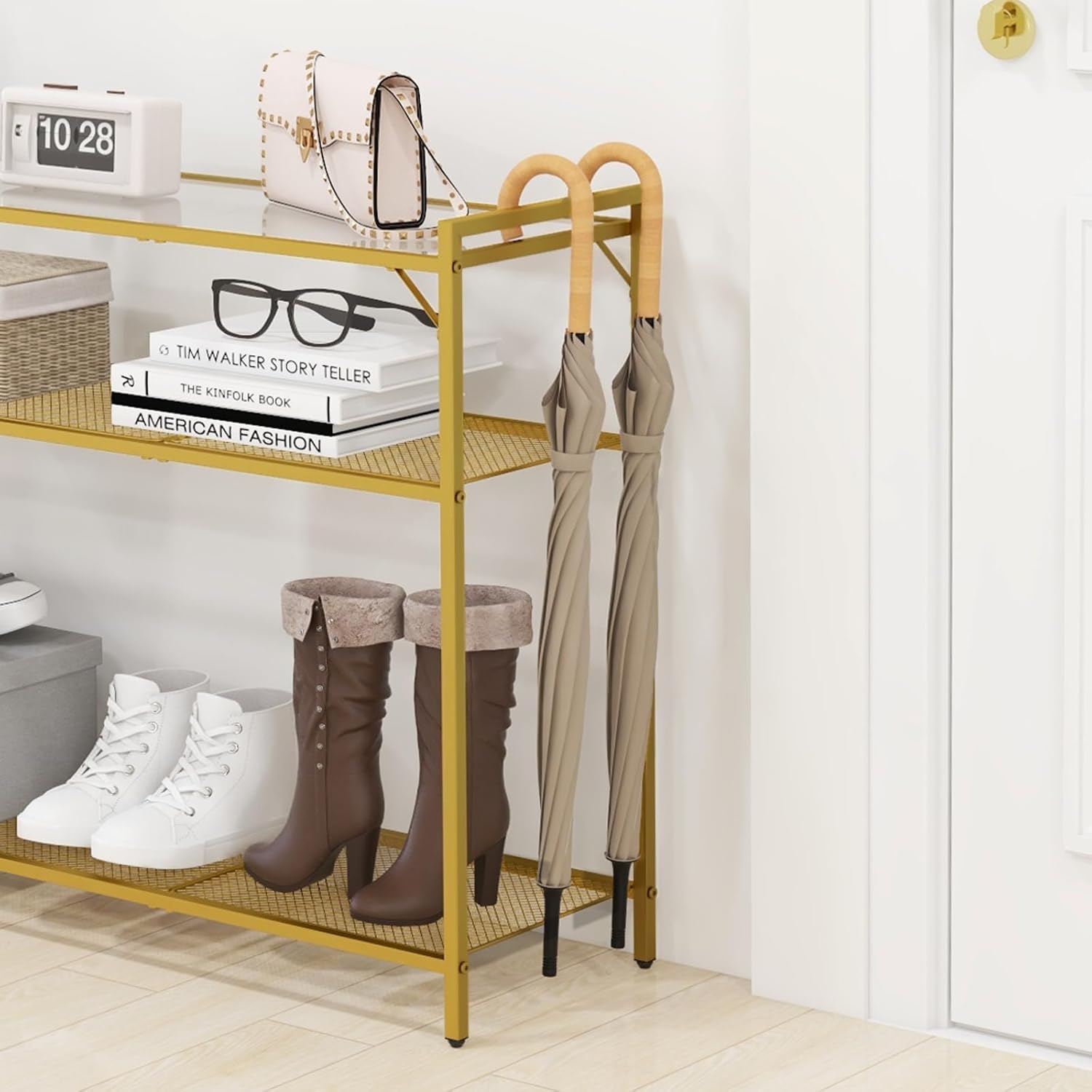 Livofloral 40.6" Narrow Console Table with 3 Storage Shelves, Hallway Table for Entryway, Tempered Glass Console Table, Modern Console Table, Sturdy Sofa Table Behind Couch, Easy Assembly, Gold