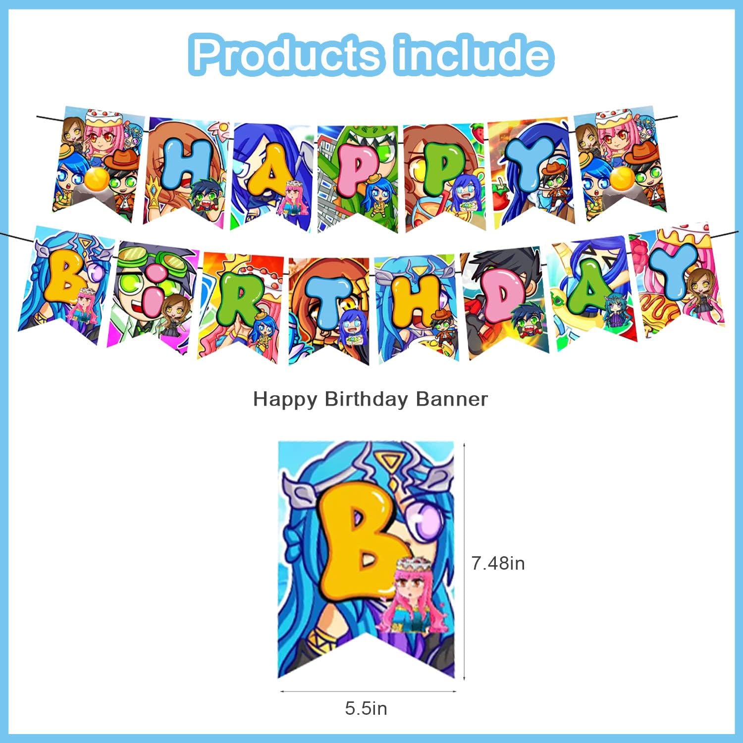 Funneh Krew Birthday Decorations, Cartoon Gaming Themed Party Supplies set with Banner,Cake Cupcake Toppers,Balloons for Fans Adults Birthday Party Favors