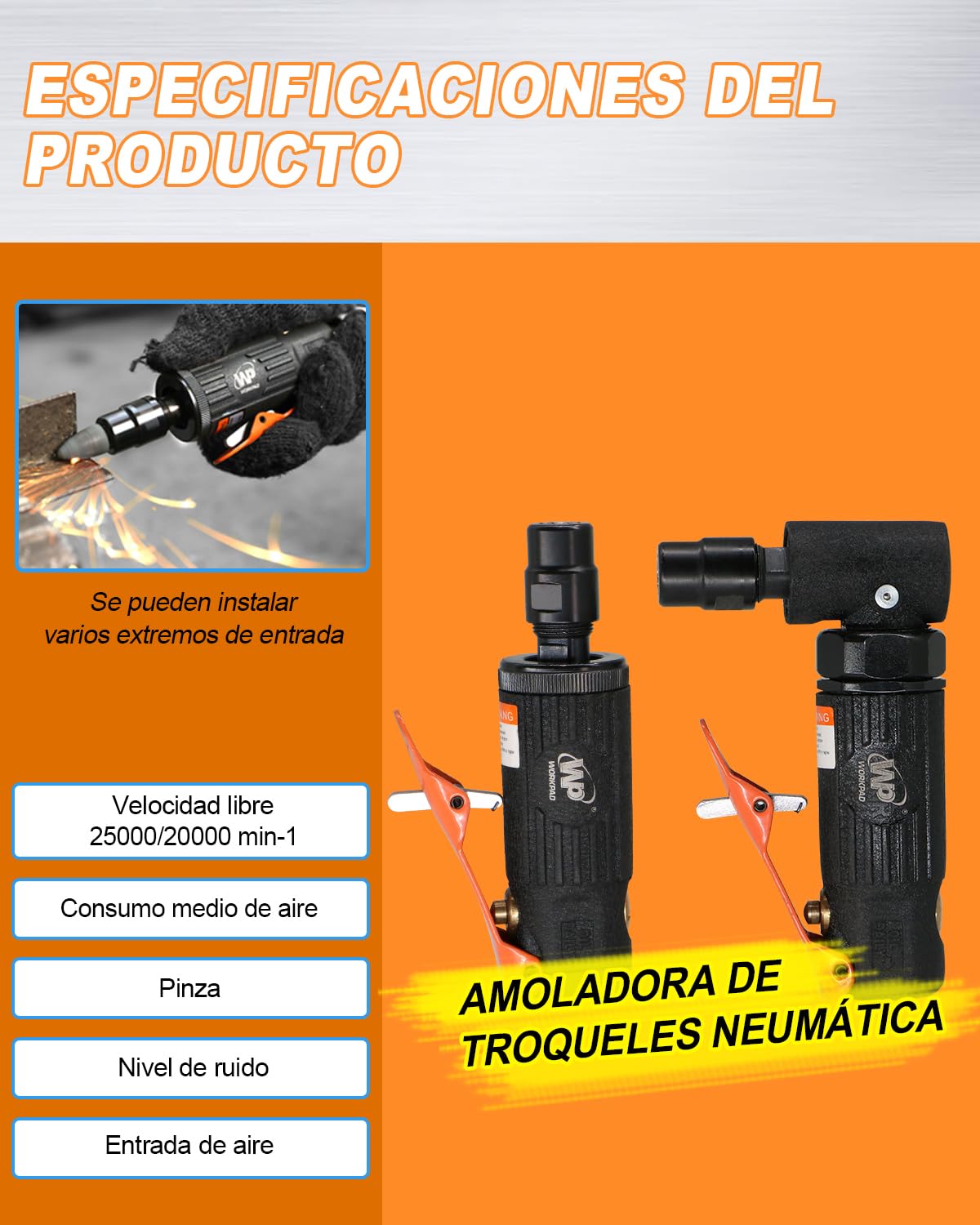 Amoladora neumática WorkPad 2PCS, juego de amoladoras neumáticas rectas/angulares con pinzas de 1/4 y 1/8 de pulgada para mecánicos de coches, decoradores y entusiastas del bricolaje.