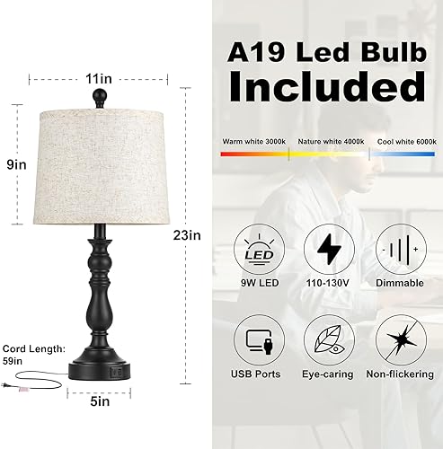 Miniatura 6 de Juego de 2 lámparas de mesa de granja de 23 pulgadas para sala de estar, con puertos USB C+A, lámpara de noche retro para dormitorio, oficina,