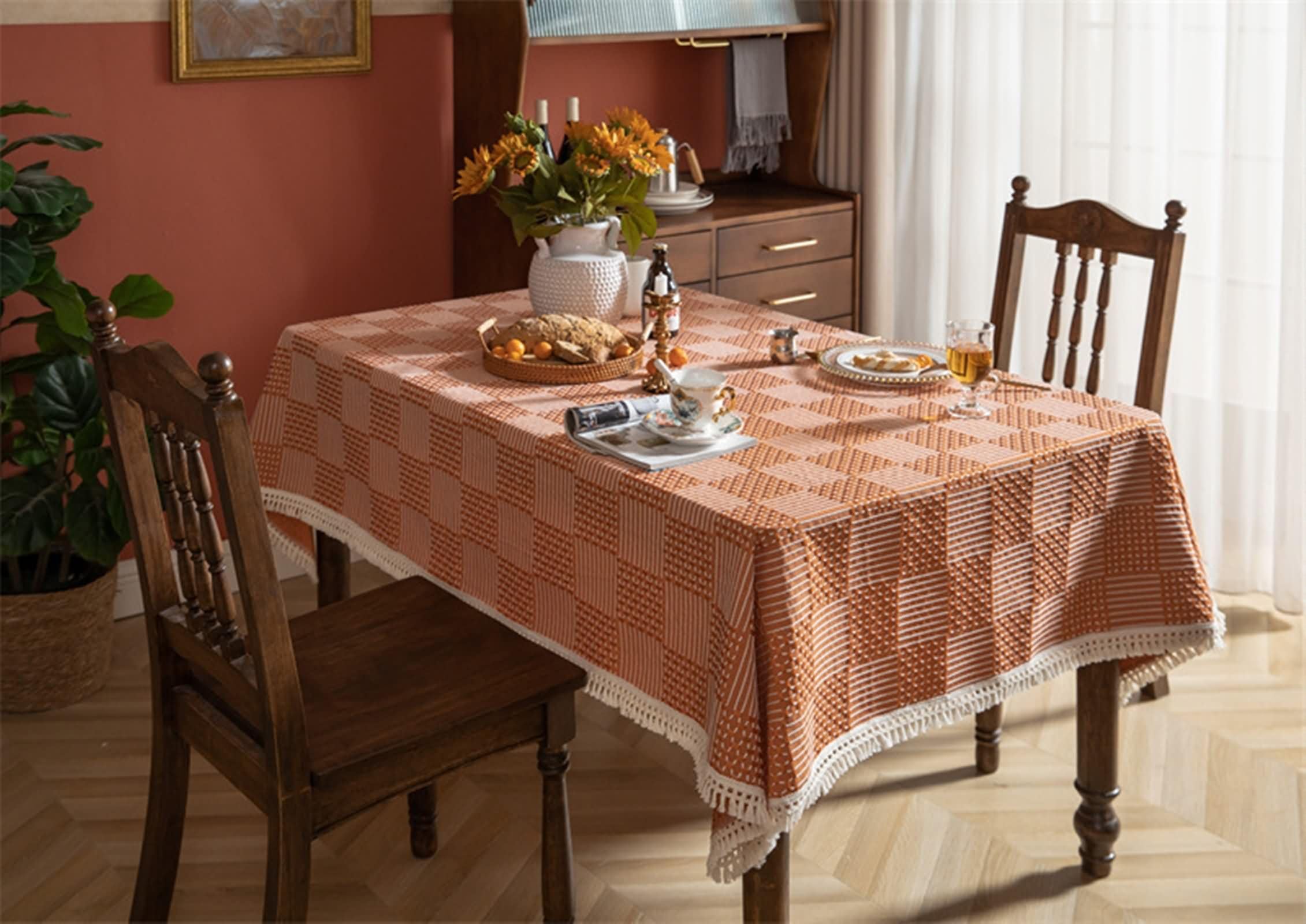 Mantel Lavable Rectangular Naranja Exterior, Bordado de Geométrico con Borlas, de Poliéster Fácil de Limpiar, 140 x 300 cm, Mantel para Mesa de Centro