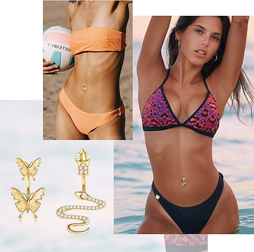 Vista 3 de FINREZIO Juego de 12 anillos para pezones de 14 G para mujer, acero inoxidable, mariposa, circonita cúbica, lengua, pezón, barra, piercing