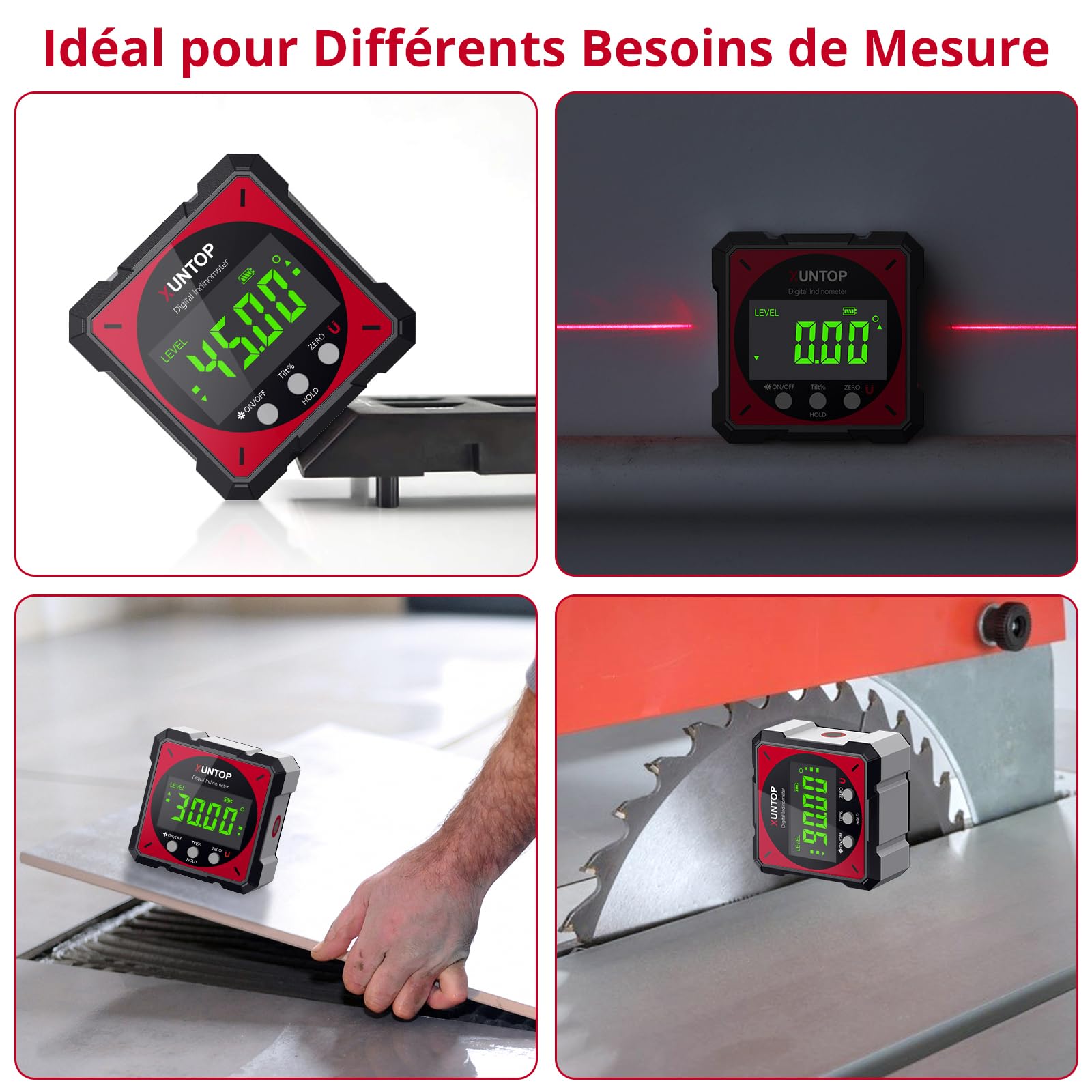 XUNTOP 4*90° Inclinomètre Numérique Rechargeable avec Fonction Laser Écran LCD Étanche IP54 Rapporteur d'Angle Digital 4 Faces Magnétiques Niveau à Bulle pour Menuiserie Travail du Bois Construction
