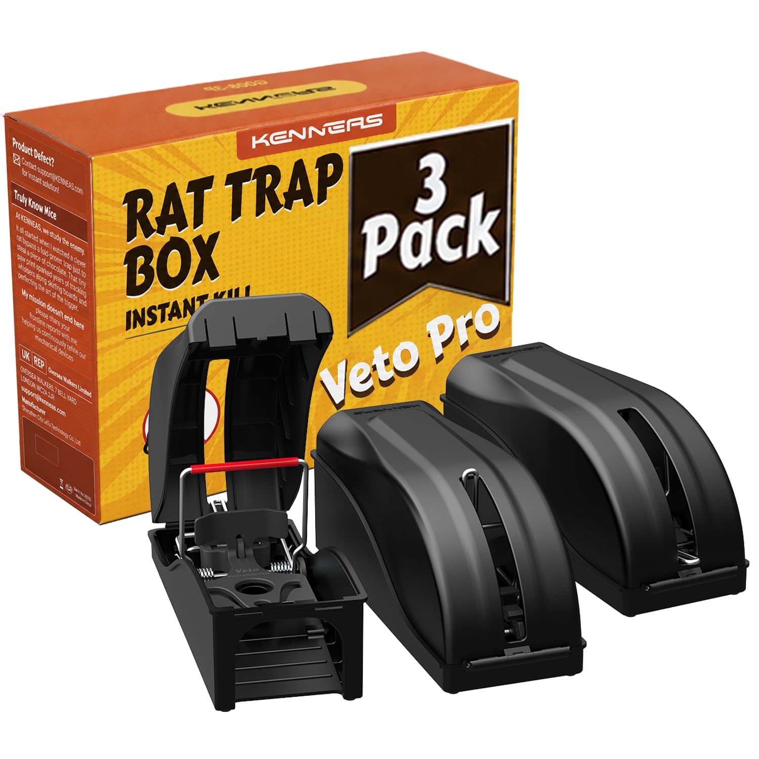 KENNEAS Rat Traps Killer Boxes Child & Pet Safe Rodent Traps, Instant Kill Rat Snap Traps for Outdoors Indoors, Heavy Duty Large Rat Trap & Catcher Mouse Traps (3-Pack, Veto Pro)