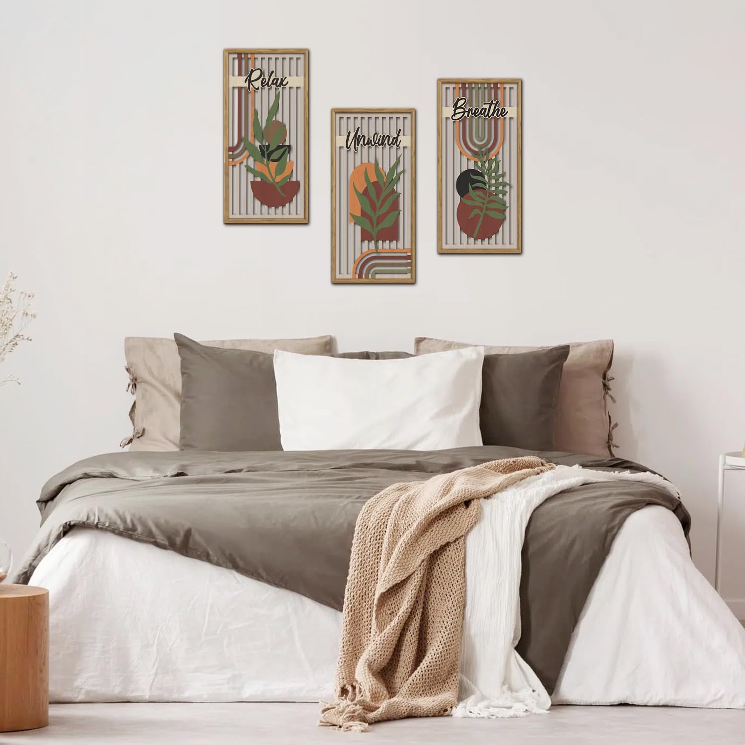 KAIRNE Boho Wooden Wall Art,Bohemian Wood Wall Decor Set of 3(16”X8”),Farmhouse Geometric Wooden Wall Decor,Abstract Minimalist Artwork for Living Room Bedroom Kitchen Office Decoration,Framed