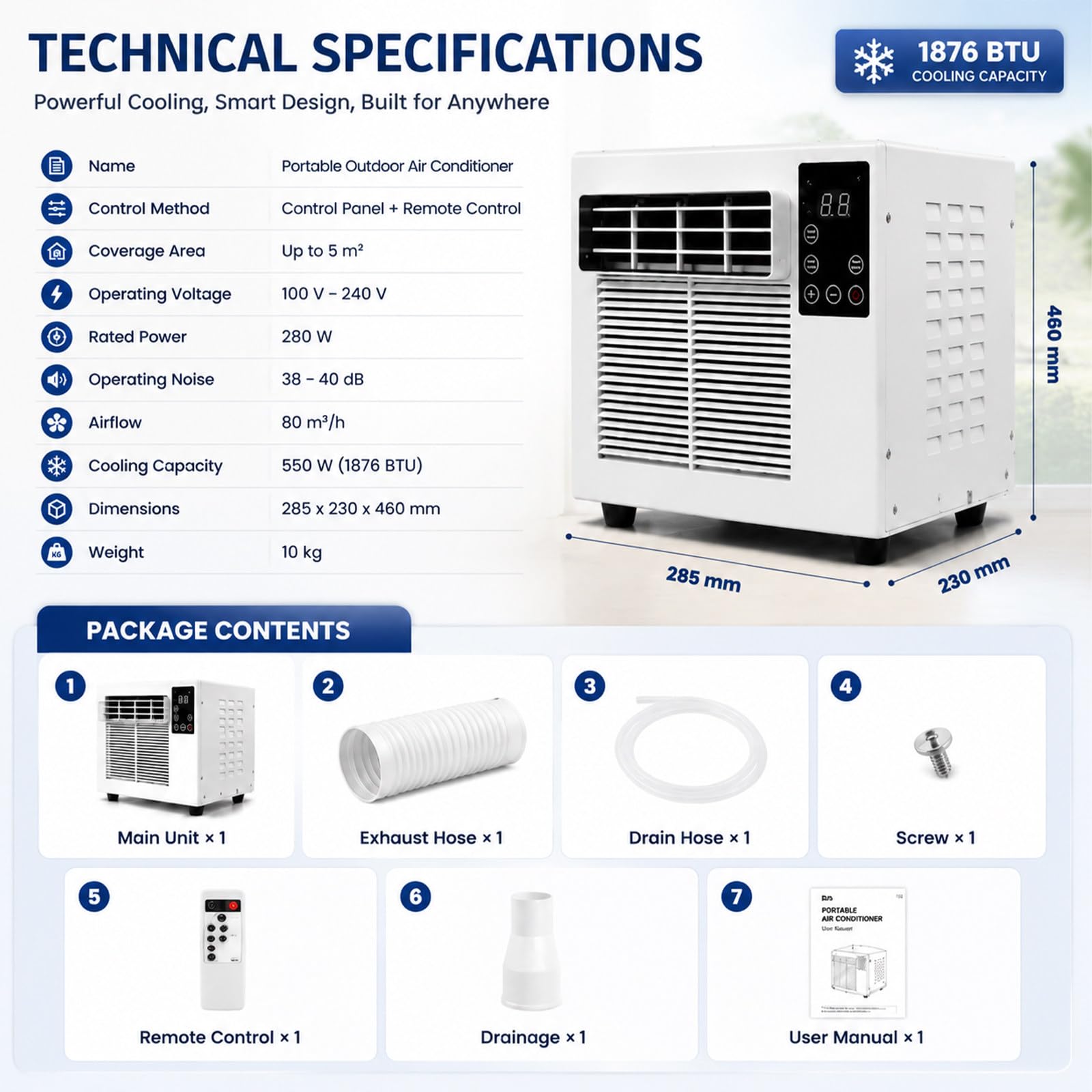 Aire Acondicionado Portátil Sin Unidad Exterior 1876 Btu para 5m² | Sin Desagüe, Ruido Bajo 38-40db, Caudal Aire 80m³/H, Ideal Para Dormitorios Pequeños Y Habitaciones De Mascotas