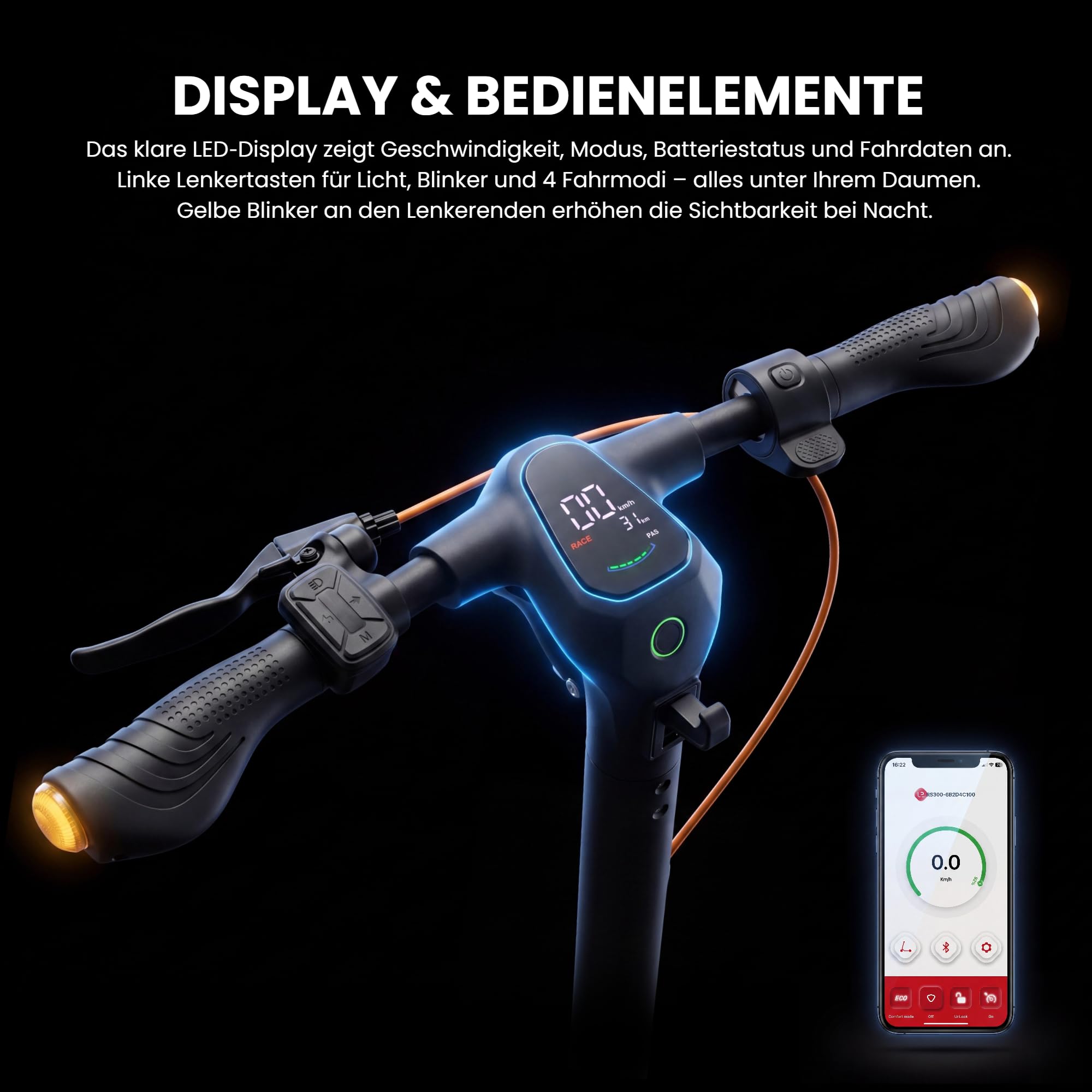LAELIN RS-Serie E-Scooter mit Straßenzulassung und Fingerprint Sensor (20 km/h, bis zu 85km Reichweite, 45% Steigung, Schlauchlos, Dual-Bremsen, Display, App, TCS)