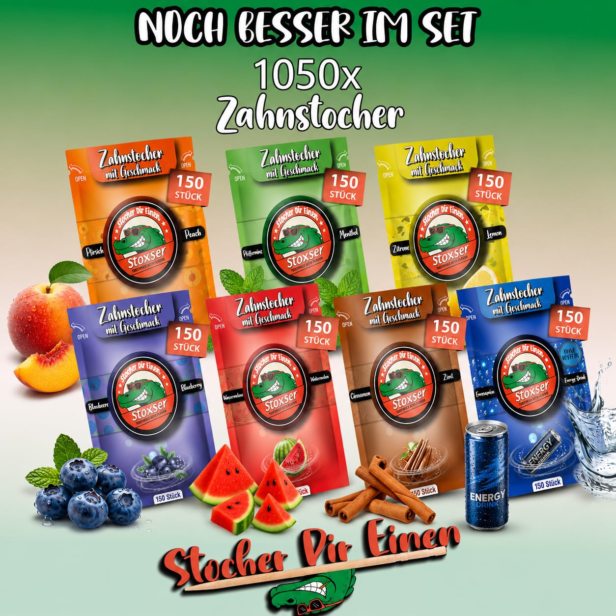 1050x Zahnstocher mit Geschmack 7er Pack Energy Drink Pfirsich und Blaubeere und Zitrone/Lemon und Mint/Menthol Wassermelone/Zimt Zahnstocher Geschmack Kein Kaugummi Zuckerfrei