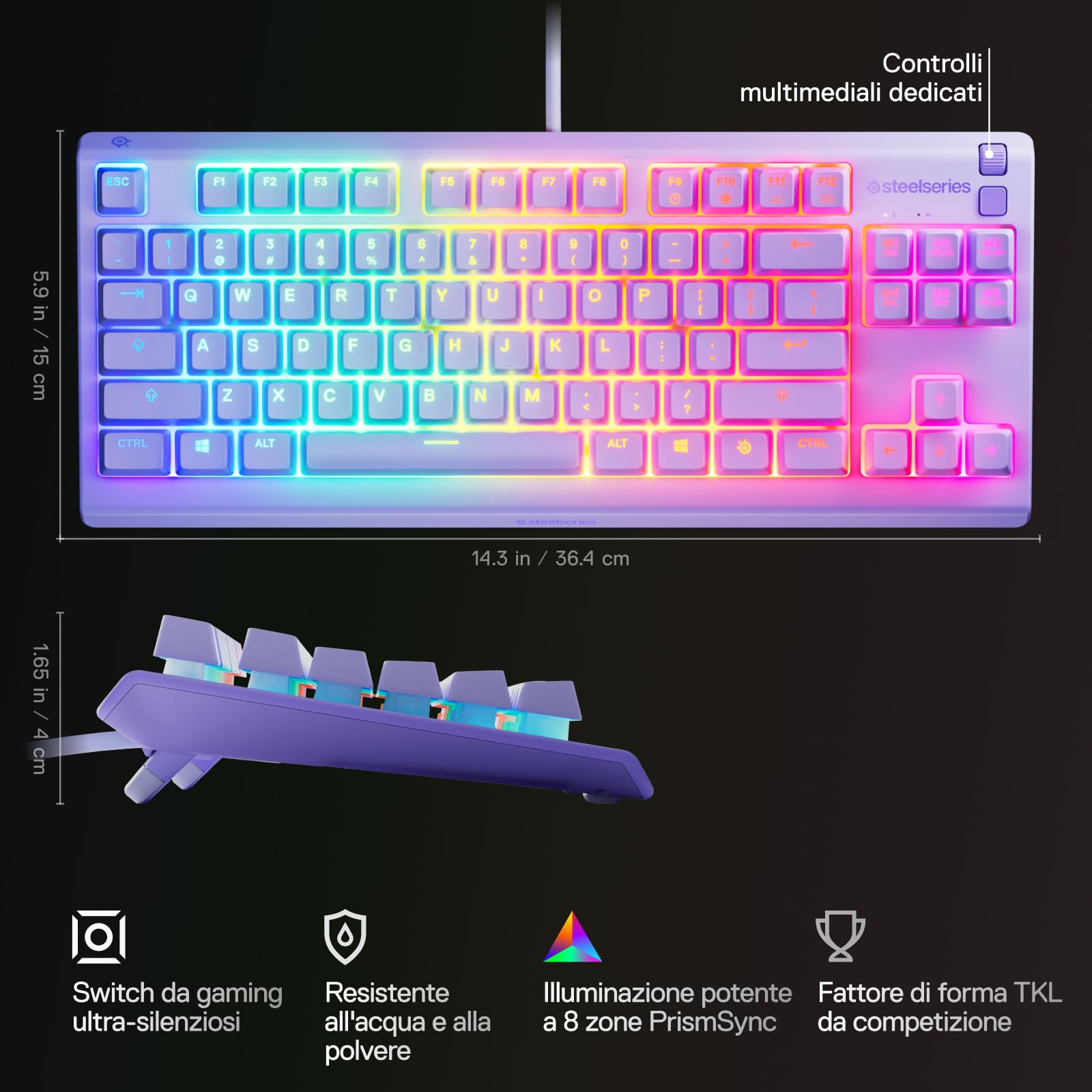 SteelSeries Apex 3 TKL - Tastiera Gaming Lavanda - Fattore di forma compatto senza tastierino - Illuminazione RGB a 8 zone - Resiste ad acqua e polvere - Switch da gaming super silenziosi - UK QWERTY