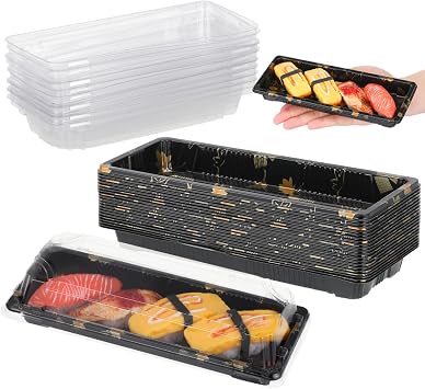 20Pcs Disposable Sushi Box with Lids, 8.66 X 3.54 X 1.57 Inch, Black Plastic Food Containers for Take Out Sushi Trays for Rolls and Appetizers Resistant and Fridge Safe Packaging for Leftovers