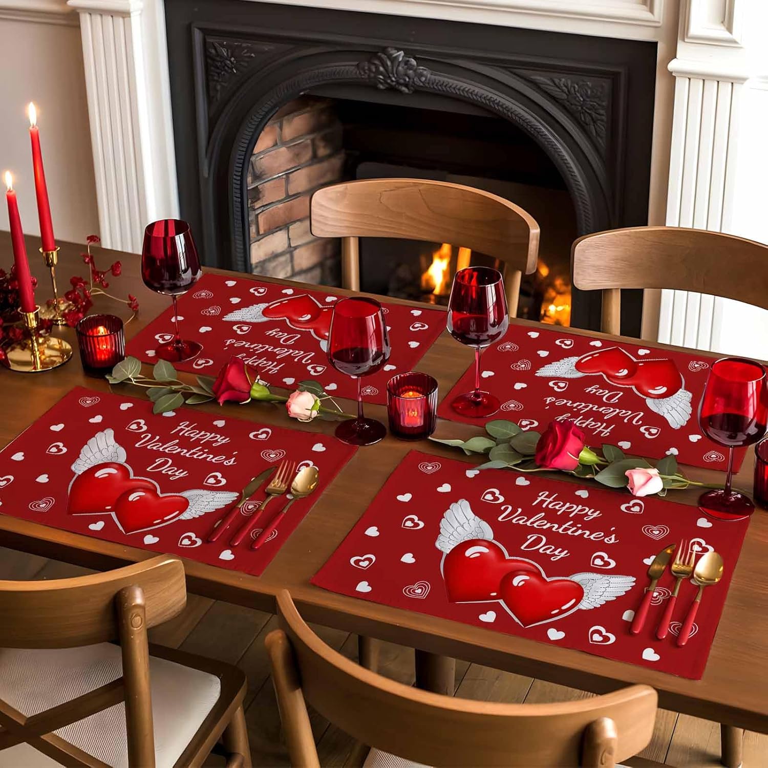 Valentine's Day Placemats Set of 4, Happy Valentine's Day Placemat for Dining Table Decorations, Love Heart with Wing Place Mats, Valentines Table Mats for Kitchen Dinner Holiday Party Decor