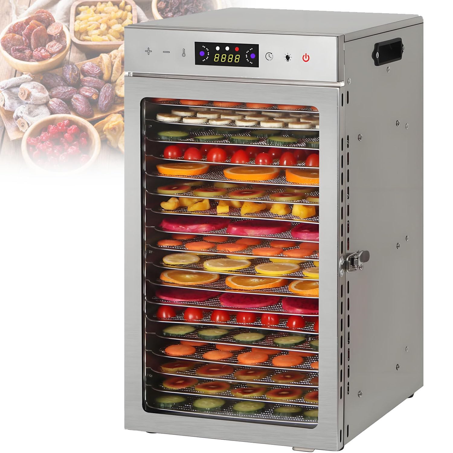 Essiccatore Alimentare Commerciale da 6/8/12/18 vassoi, essiccatore Alimentare in Acciaio Inossidabile - Temperatura Digitale Regolabile 30-90 ℃ per Frutta e Verdura 18-Trays