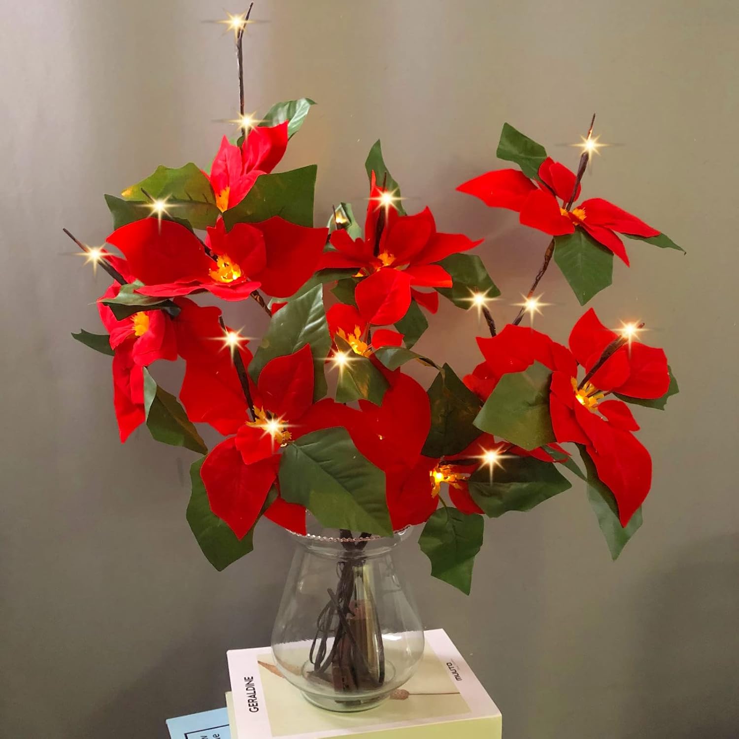 2 Pack Led Poinsettia Flower Branch Light Battery Operated Lighted Branch Artificial Floral Little Twig Power Brown 30 Inch 20 LED for Home Romantic Decoration (Red Poinsettia)