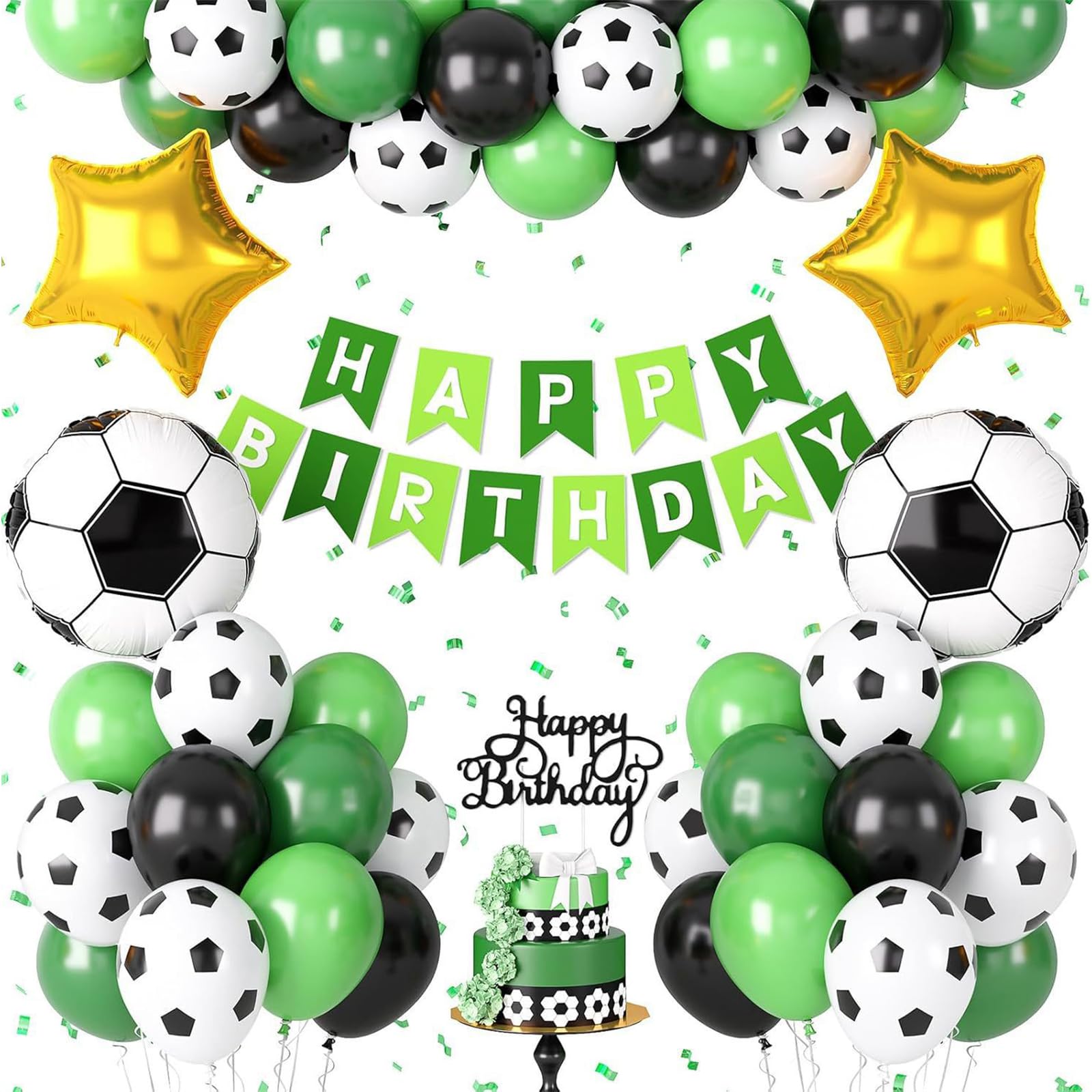 Football Birthday Decorations Set - Soccer Party Supplies with Banner, 44 Balloons (2 Star, 2 Football, 40 Latex) & Cake Topper - Easy to Install for Themed Party