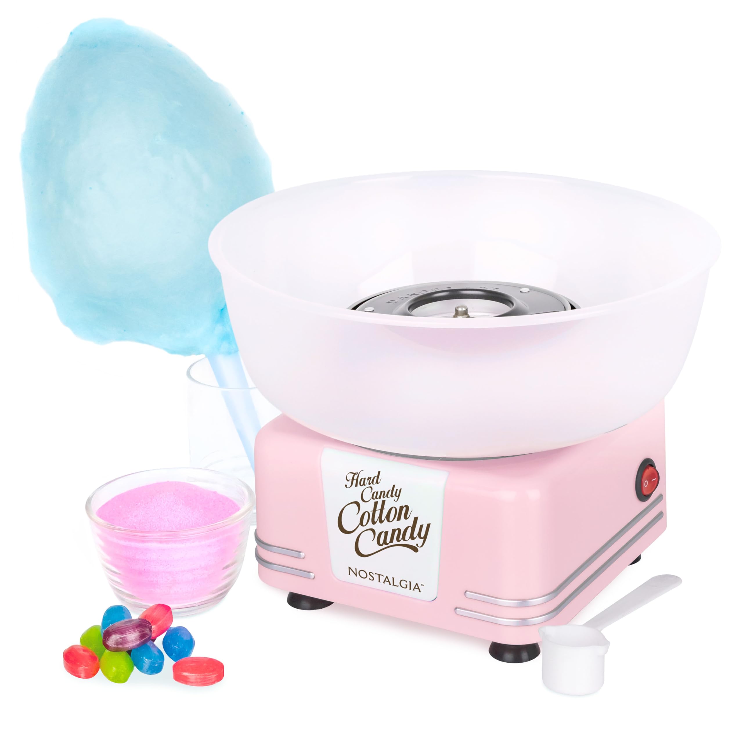 Nostalgia Countertop Cotton Candy Machine – Use Normal or Sugar-Free Candy or Flossing Sugar – Includes 2 Reusable Cones and Measuring Scoop – Pink