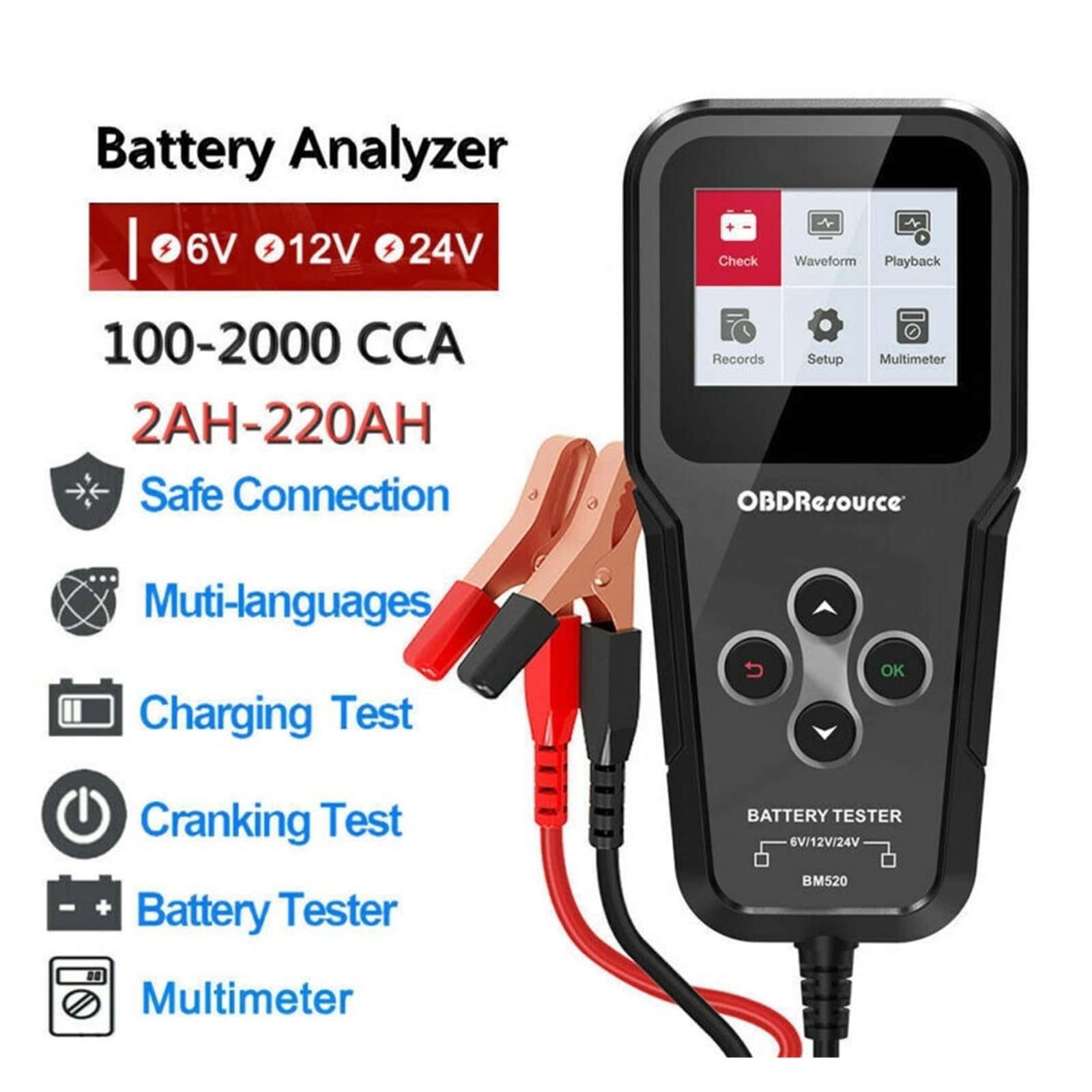 Tester baterii, Tester akumulatora samochodowego BM520 100-2000 Tester napięcia CCA 2Ah-220Ah Tester rezystancji wewnętrznej Analizator baterii