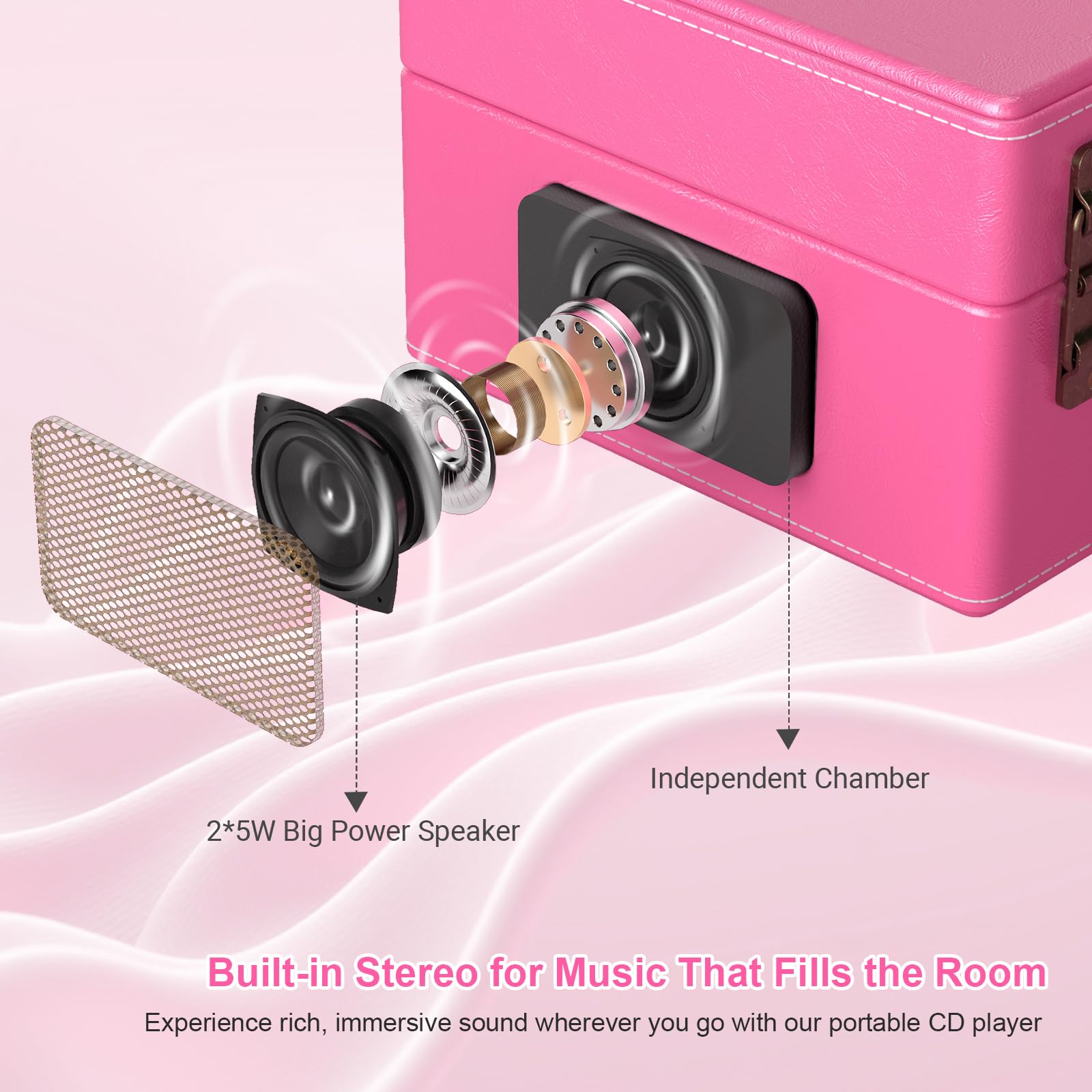 Portable CD Player with Built-in Speakers, Vintage CD Player Bluetooth, Support Bluetooth in & Out, USB/AUX/Type-C Playback, with LED Screen, Headphone Jack, Ideal Gift for Music Lovers(): Hot Pink