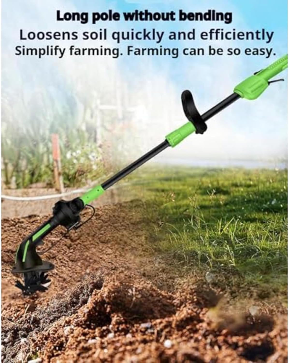 2 in 1 Cordless Tiller and Cultivator with Extension Pole, 20V Lightweight Handheld Battery Tiller Cultivator for Garden, Flower Beds, Weeding, Trenching, Battery Included (2 Battery+Rod)