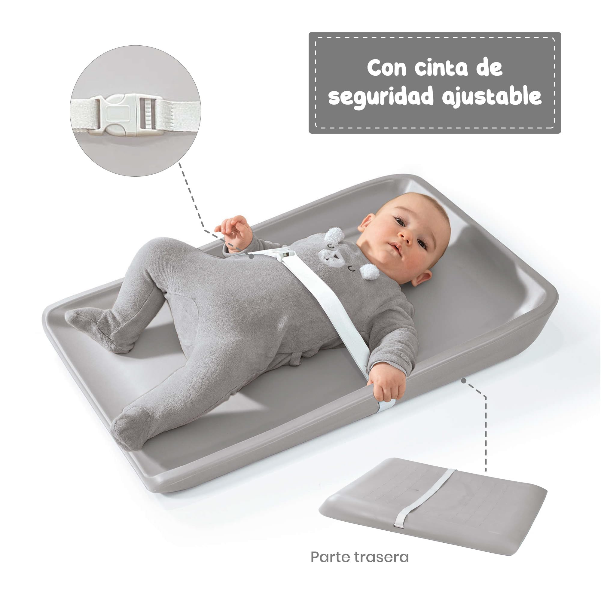 Cambiador Bebe Silicona 50x70 Gris Glenn. Colchoneta con Arnés Seguridad. Colchón espuma 70x50 para Mueble Cambiador Bebe. Muda Fraldas. Alondra