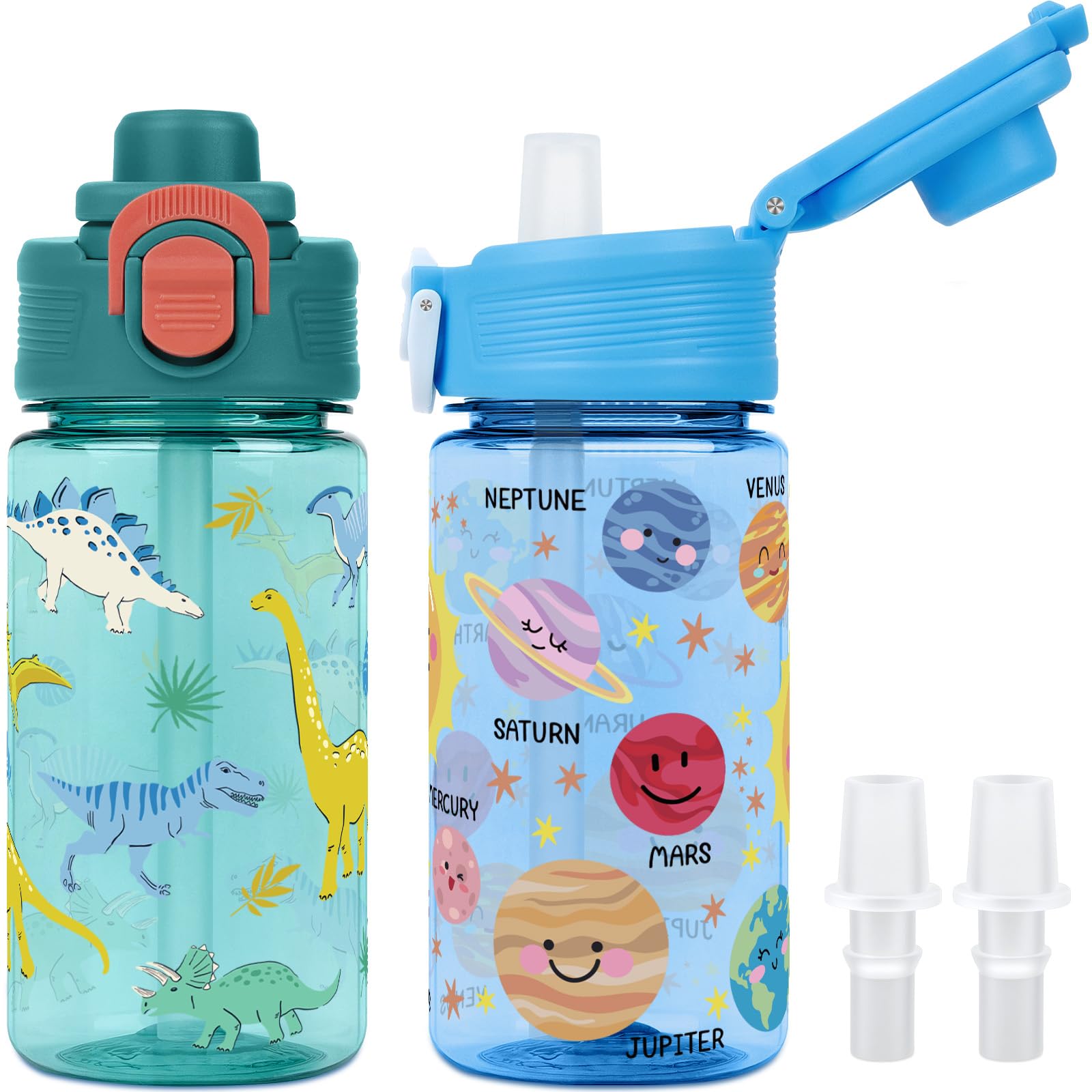 wooshwa Kids Water Bottle for School, 2-Pack 380ml Leakproof Straw Water Bottle with 2 Silicone Spout Replacements, Dishwasher Safe (Solar System/Dinosaur)