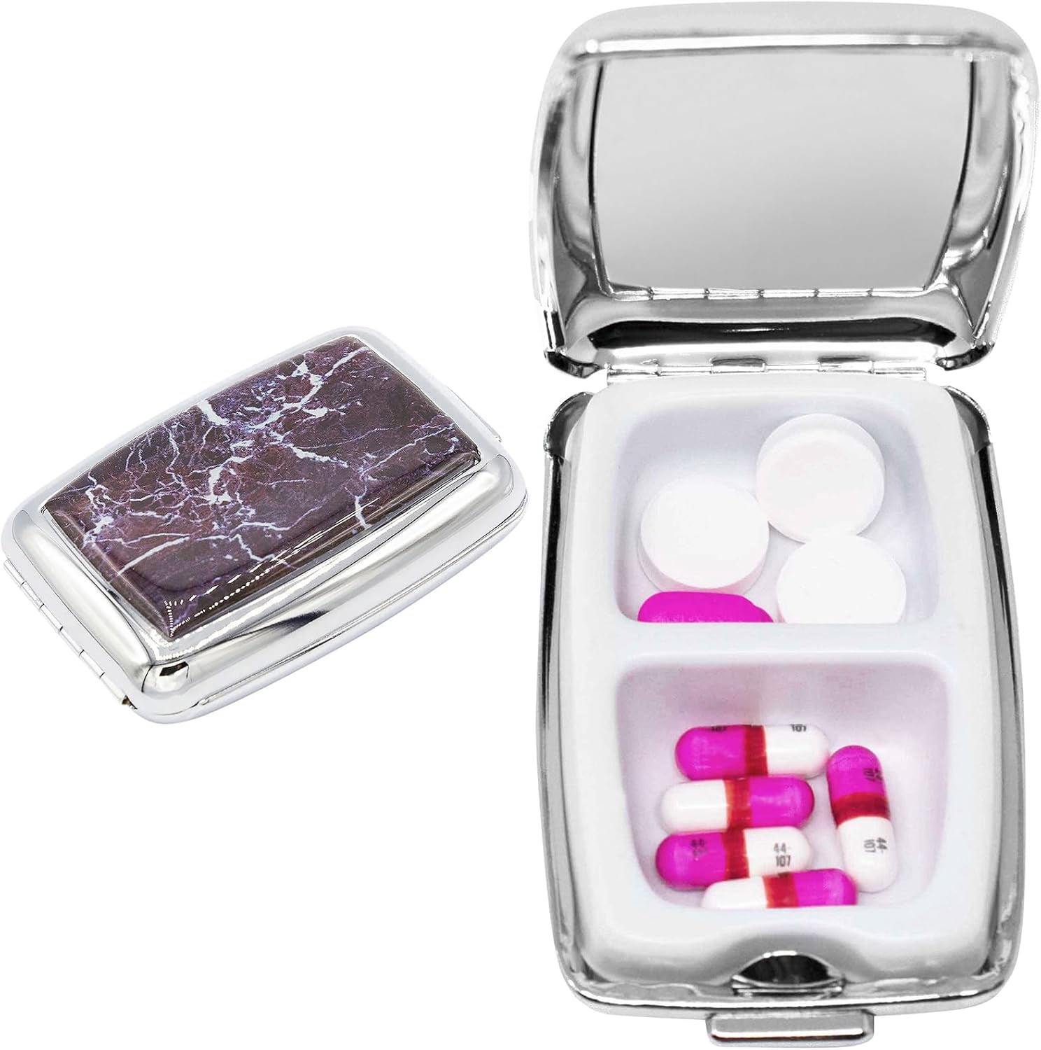 Set of 2 Dual-Compartment Rectangular Pocket Purse Pill Box & Organizer with Insert (Black Faux Crocodile Leather)