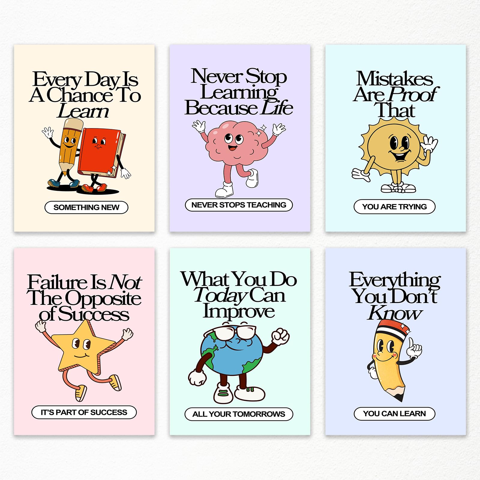 Set of 6 Colorful Growth Mindset Posters, Retro Inspirational Classroom Poster, Motivation Growth Mindset Wall Art for Classroom, Educational Poster