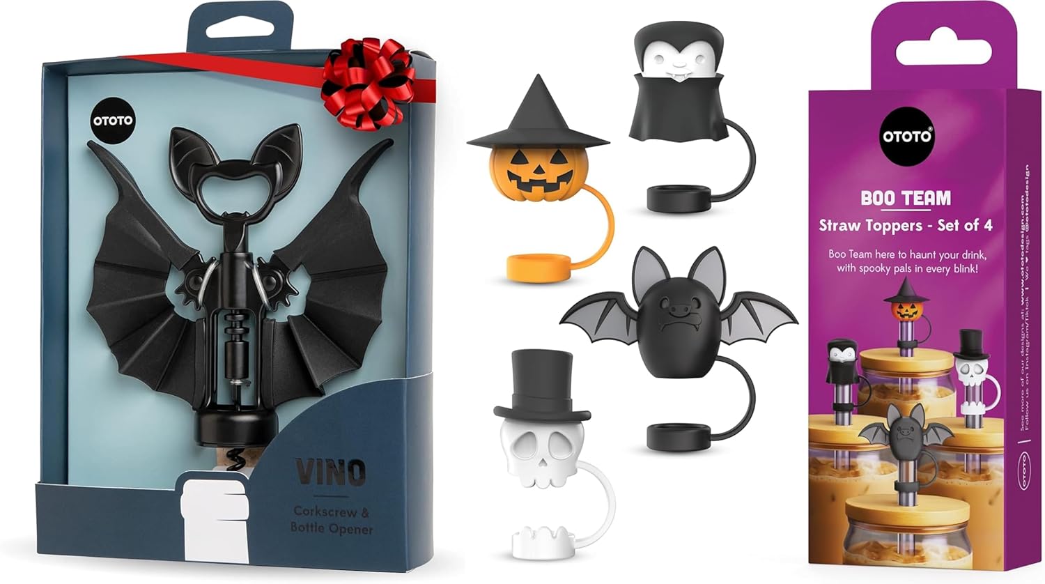 OTOTO Vino Spooky Bat 2-in-1 Wine & Beer Opener, Corkscrew & Bottle Opener, Boo Team Straw Toppers Set of 4 - Straw Covers Cap for Tumblers