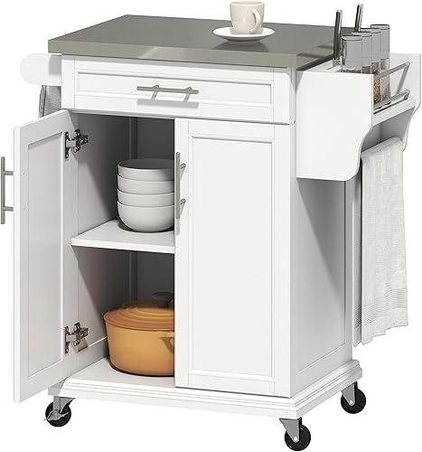 HOMCOM Isla de cocina sobre ruedas, carrito de cocina rodante con encimera de acero inoxidable, cajón, toallero y estante de especias, carrito de