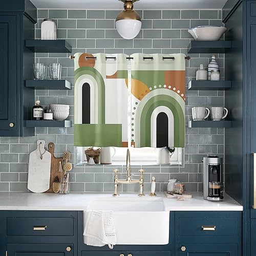 Curtains Panels for Living Room Mid-Century Modern Art Geometric Abstract Green Window Curtains Light Filtering Grommet Top Drapes for Bedroom