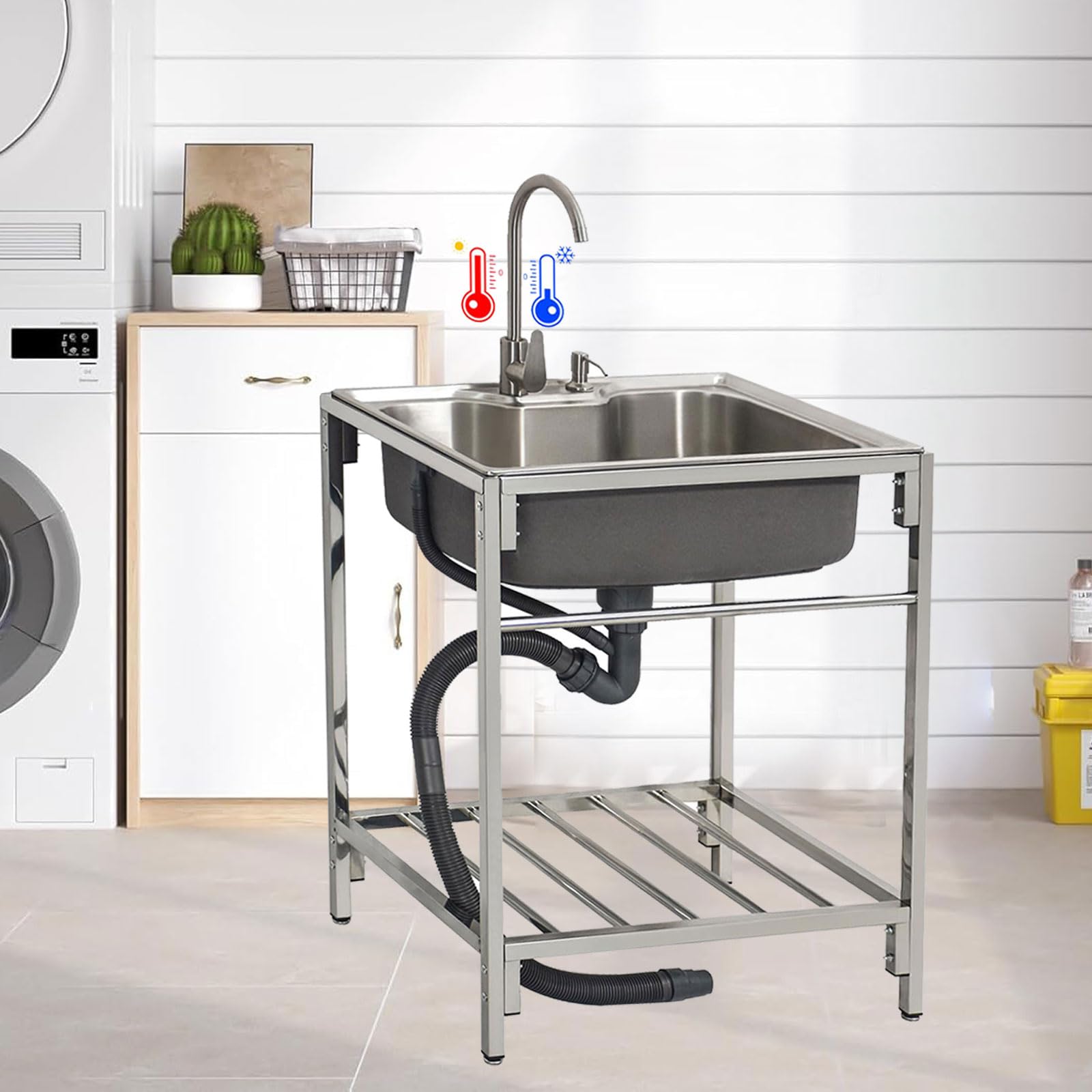 Lavello da Esterno autoportante a Vasca Singola in Acciaio Inox, Mobile e Portatile con Vasca Interna, Rubinetto Acqua Calda e Fredda, Ideale per cucine di ristoranti e Locali.