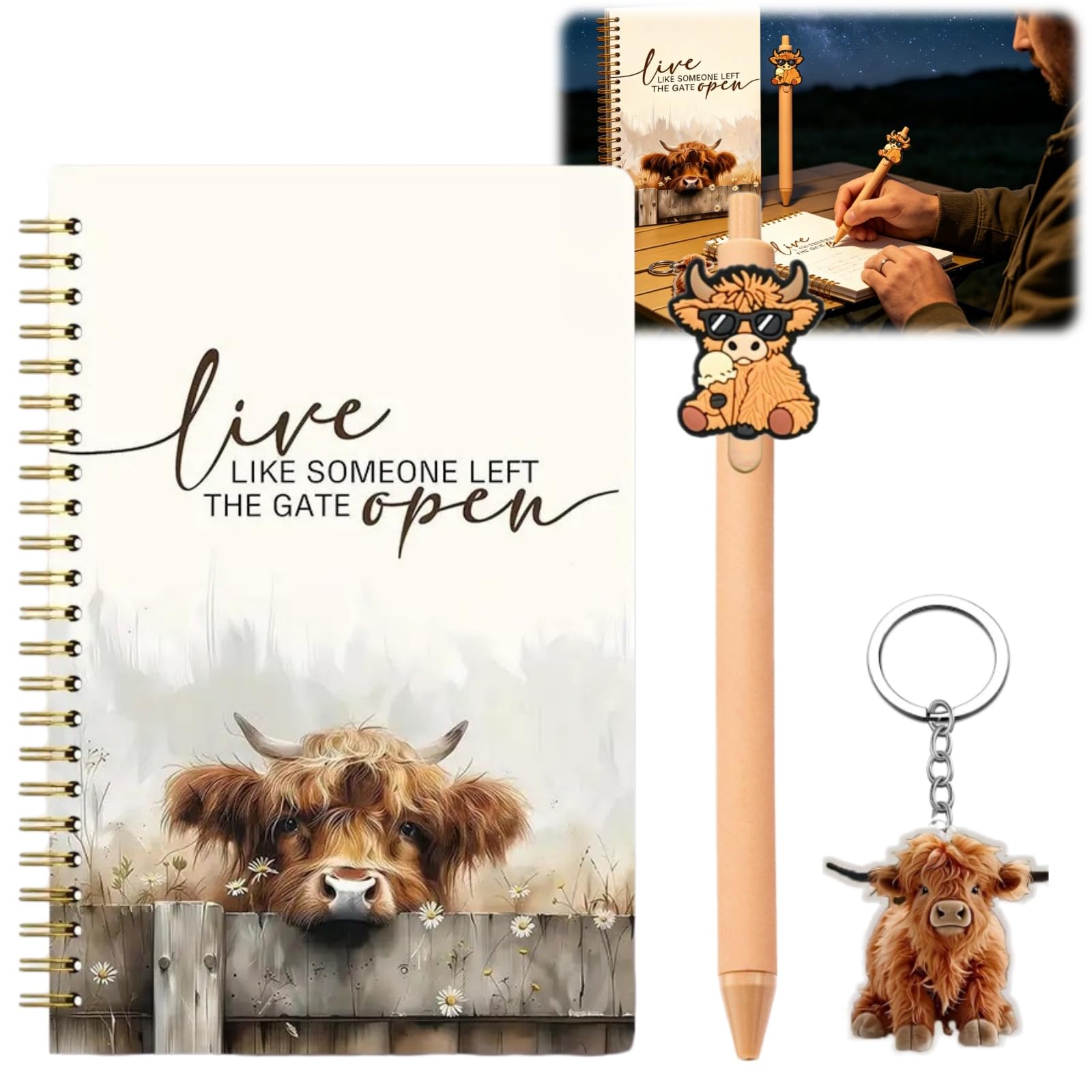 XIAGER Retro Highland Cow Gifts for Women,Stationery Gifts Set with Notebook & Pen,Cute Cow Keyring for Bag,Ideal Birthday Presents for Cow Lover,Classmate Teacher Friend