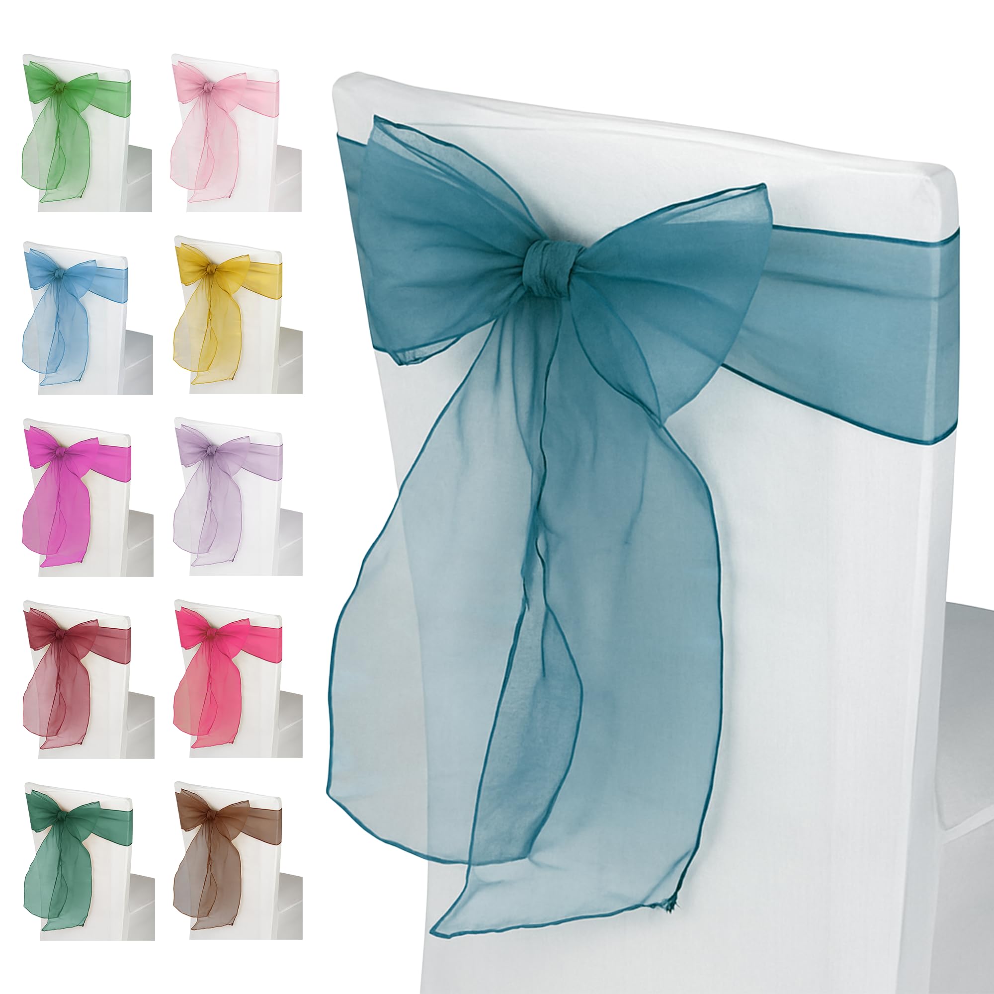 Event Decor Shop 100pcs Teal Organza Chair Sashes – Wide Sashes for Fuller Bows, Ideal for Wedding, Birthday, Reception, and Anniversary Party Decorations, 17x280cm