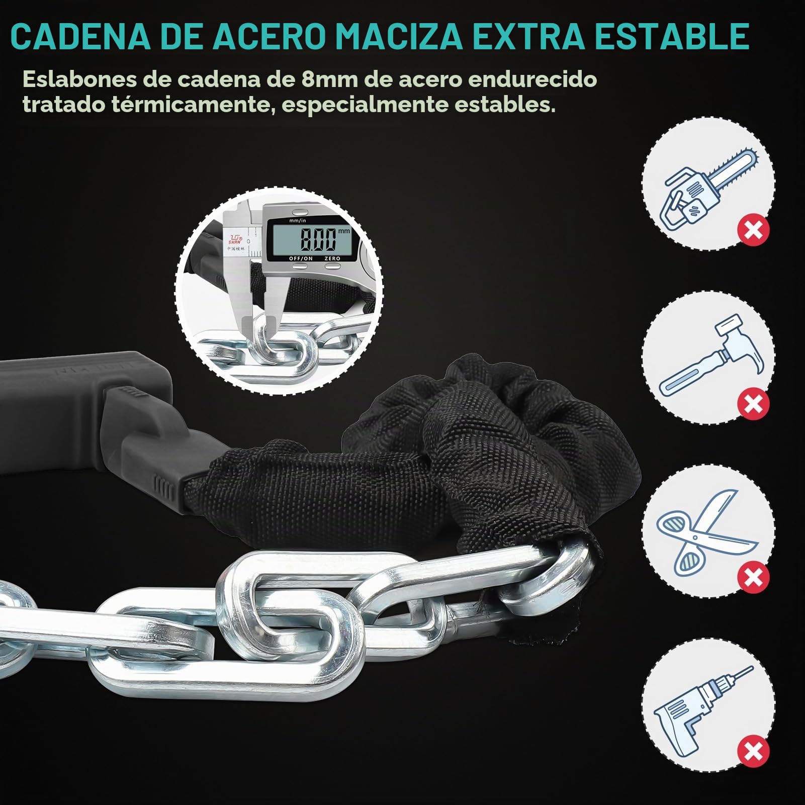 Candado de Bicicleta Antirrobo con Llave, 150 cm Candado de Cadena para Bicicletas, Motos, Scooters, cadena bicicleta de Alta seguridad 8 mm Diámetro