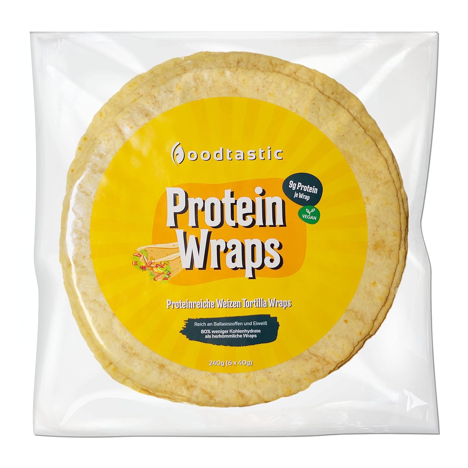 Foodtastic Protein Wraps 2 x 240 g, High Protein Tortilla, 22% białko i tylko 11% węglowodanów, bogate w białko i niskoemisyjne ortilla pszenna